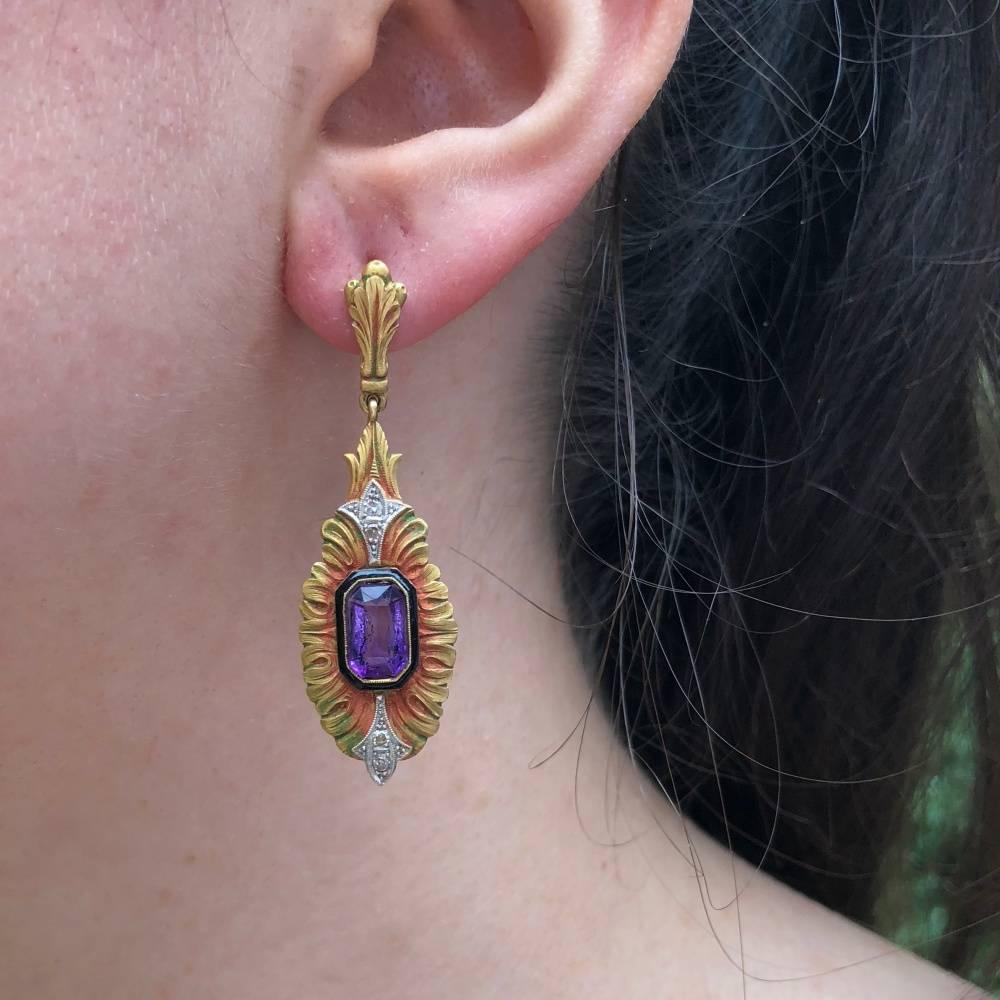 Egyptian Revival Amethyst Diamond Enamel Gold Earrings 4