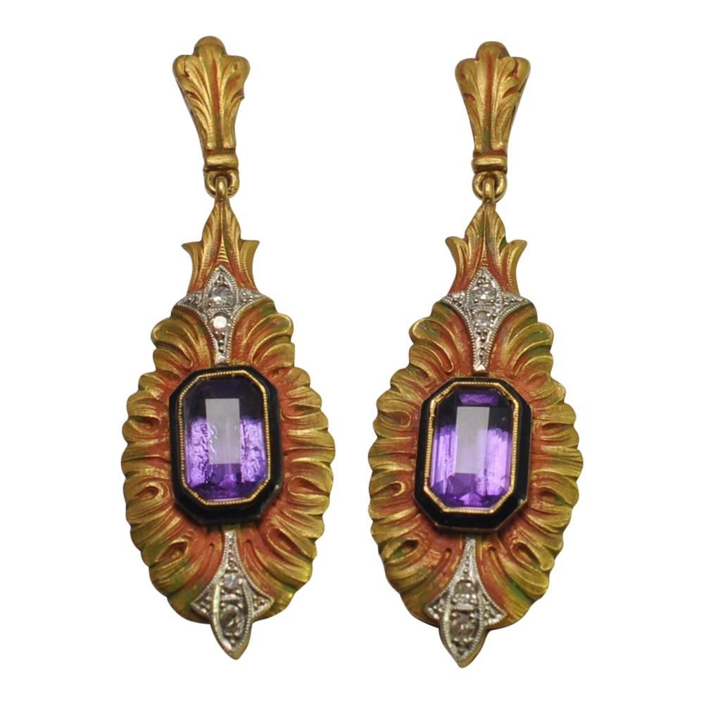 Egyptian Revival Amethyst Diamond Enamel Gold Earrings