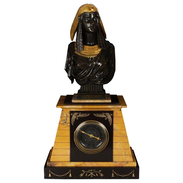 Egyptian Revival Antique Bronze Sculpture Clock of "Isis" by Pierre Emile Hebert For Sale