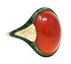Egyptian Revival Art Deco Carnelian Enamel 14 Karat Gold Lotus Ring