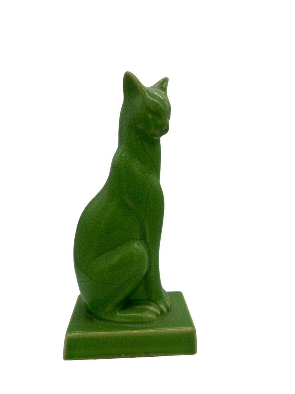Egyptian Revival Art Deco Green Ceramic Bastet Cat For Sale 1