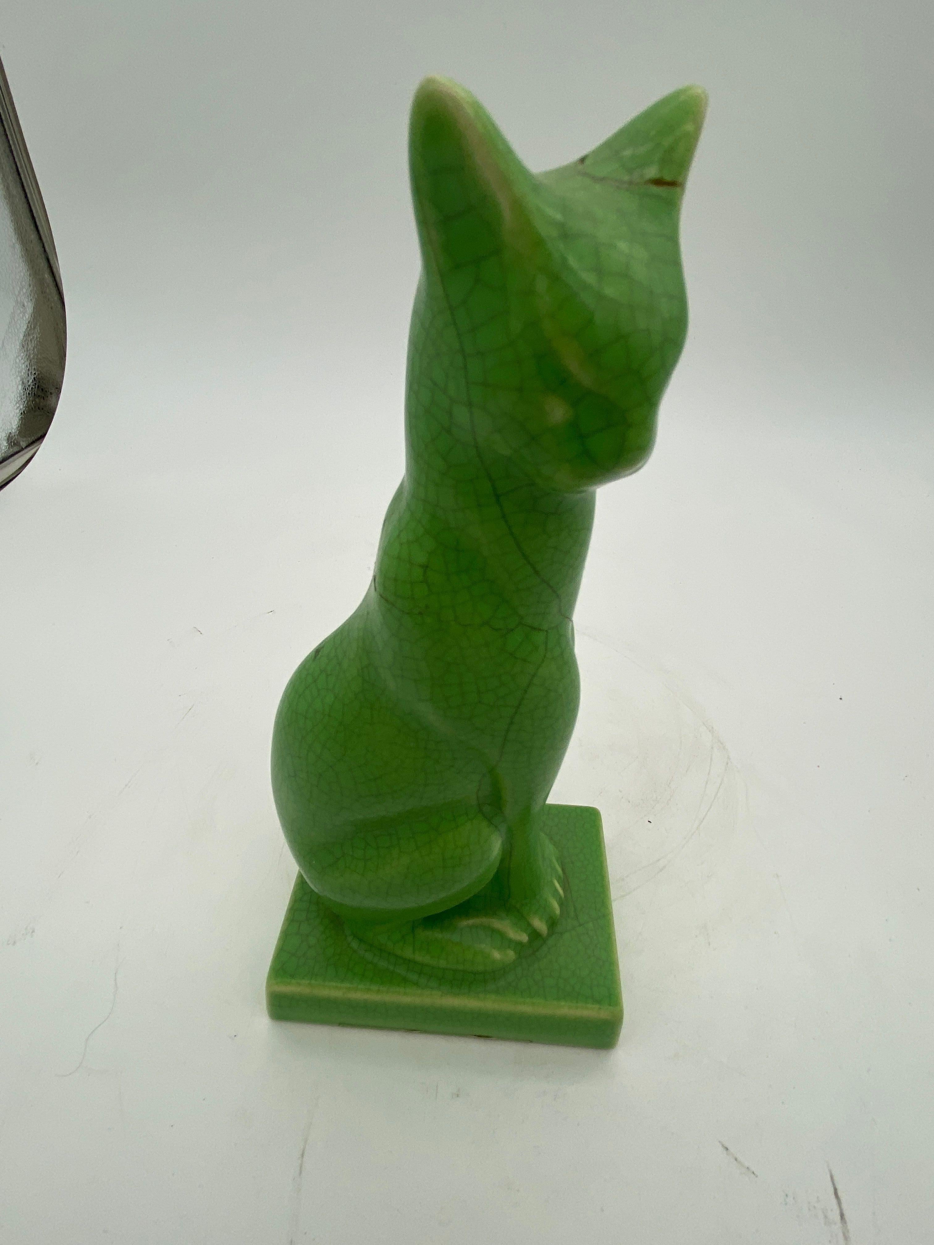 Egyptian Revival Art Deco Green Ceramic Bastet Cat, Pair 5