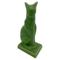 Egyptian Revival Art Deco Green Ceramic Bastet Cat, Pair