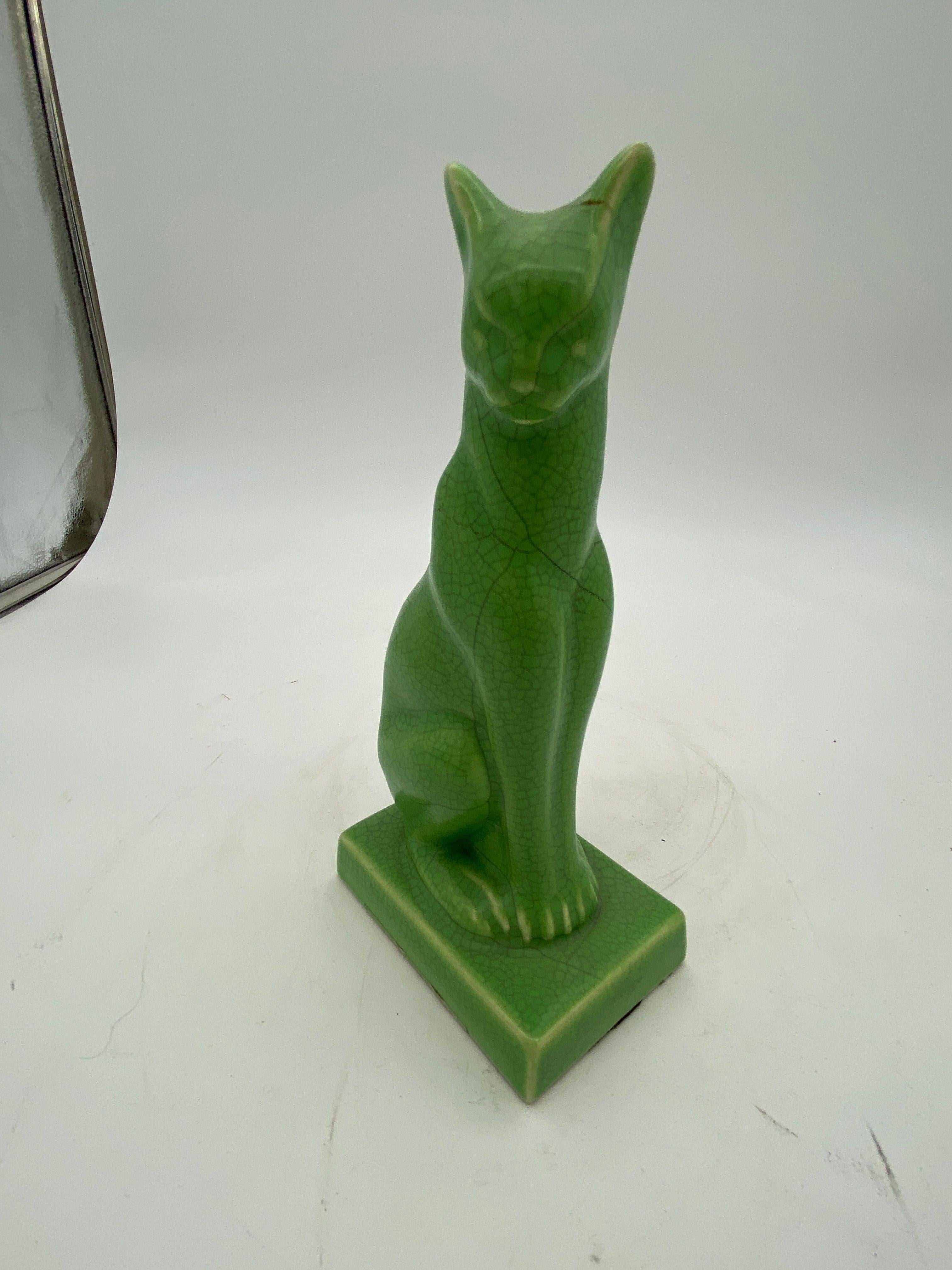 Egyptian Revival Art Deco Green Ceramic Bastet Cat, Pair In Excellent Condition In Van Nuys, CA