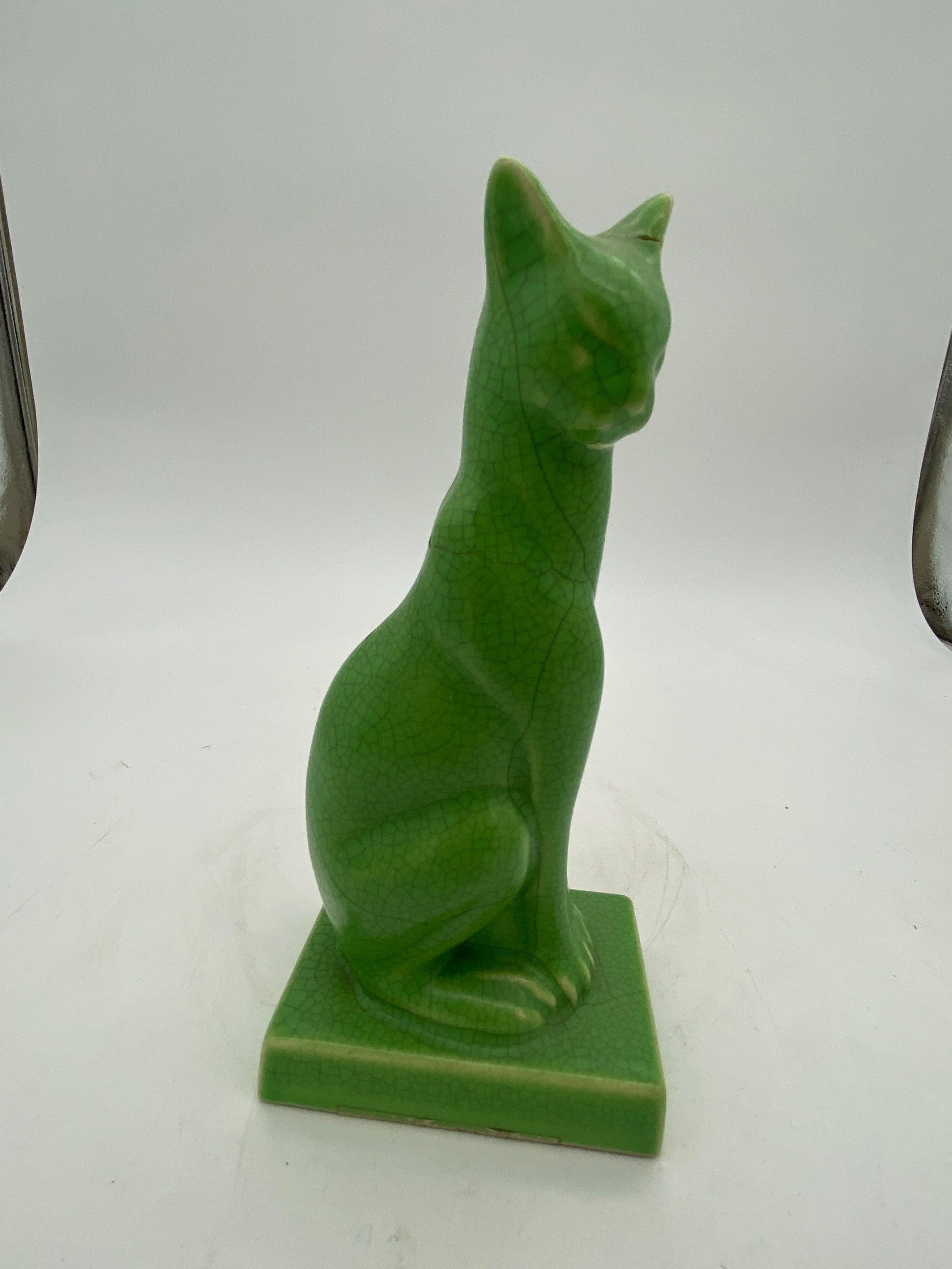 Mid-20th Century Egyptian Revival Art Deco Green Ceramic Bastet Cat, Pair