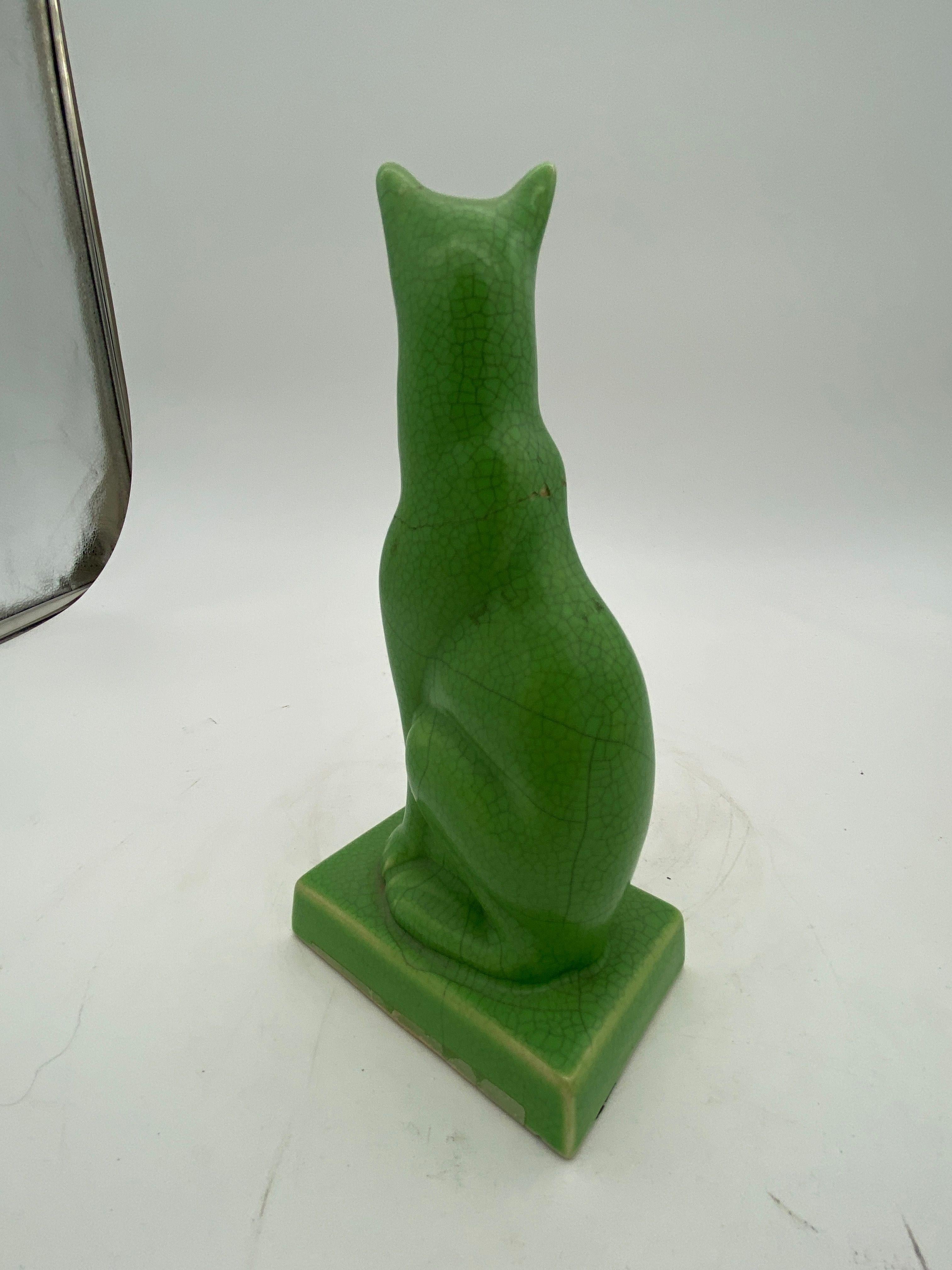 Egyptian Revival Art Deco Green Ceramic Bastet Cat, Pair 2