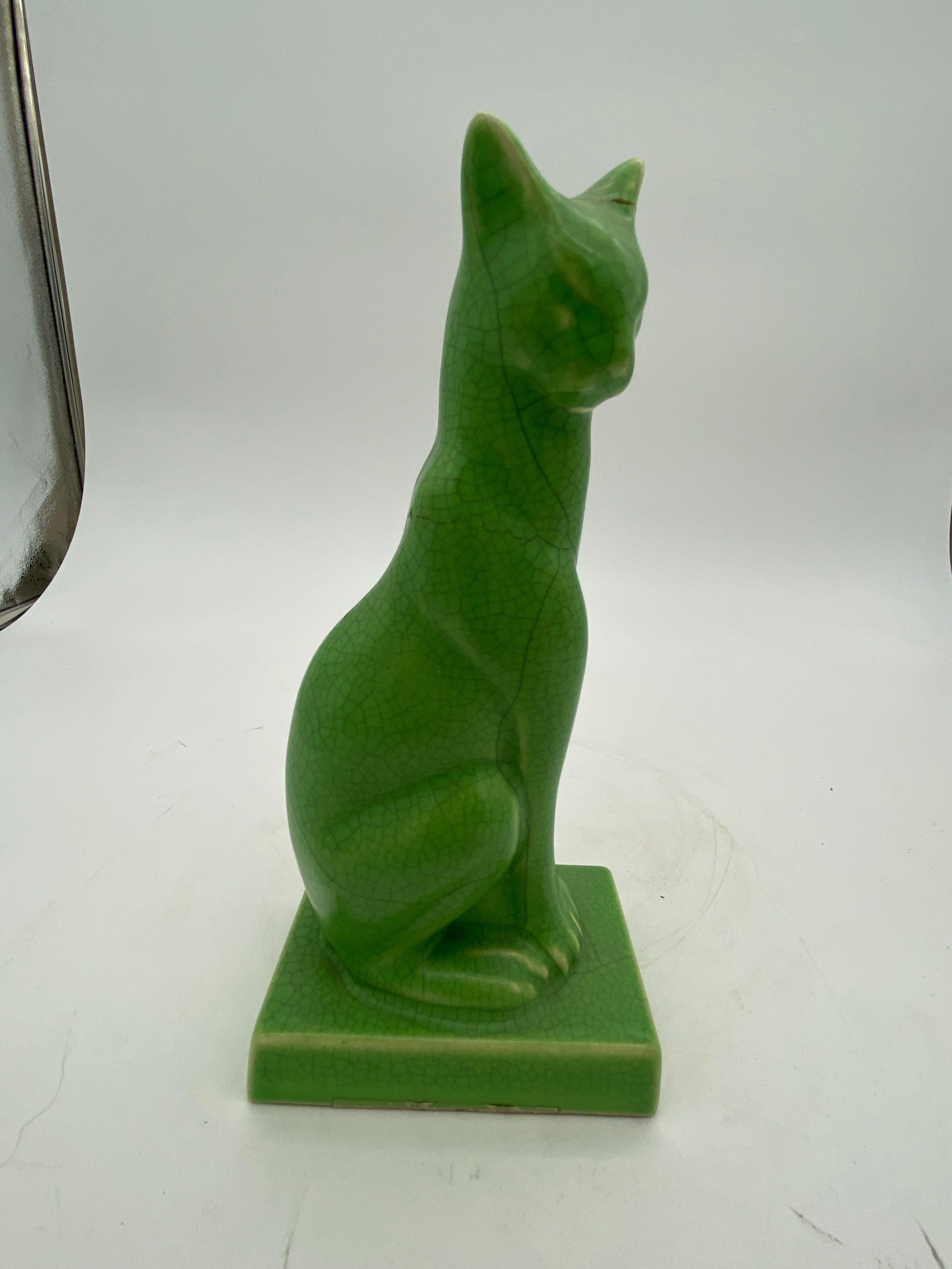 Egyptian Revival Art Deco Green Ceramic Bastet Cat, Pair 4