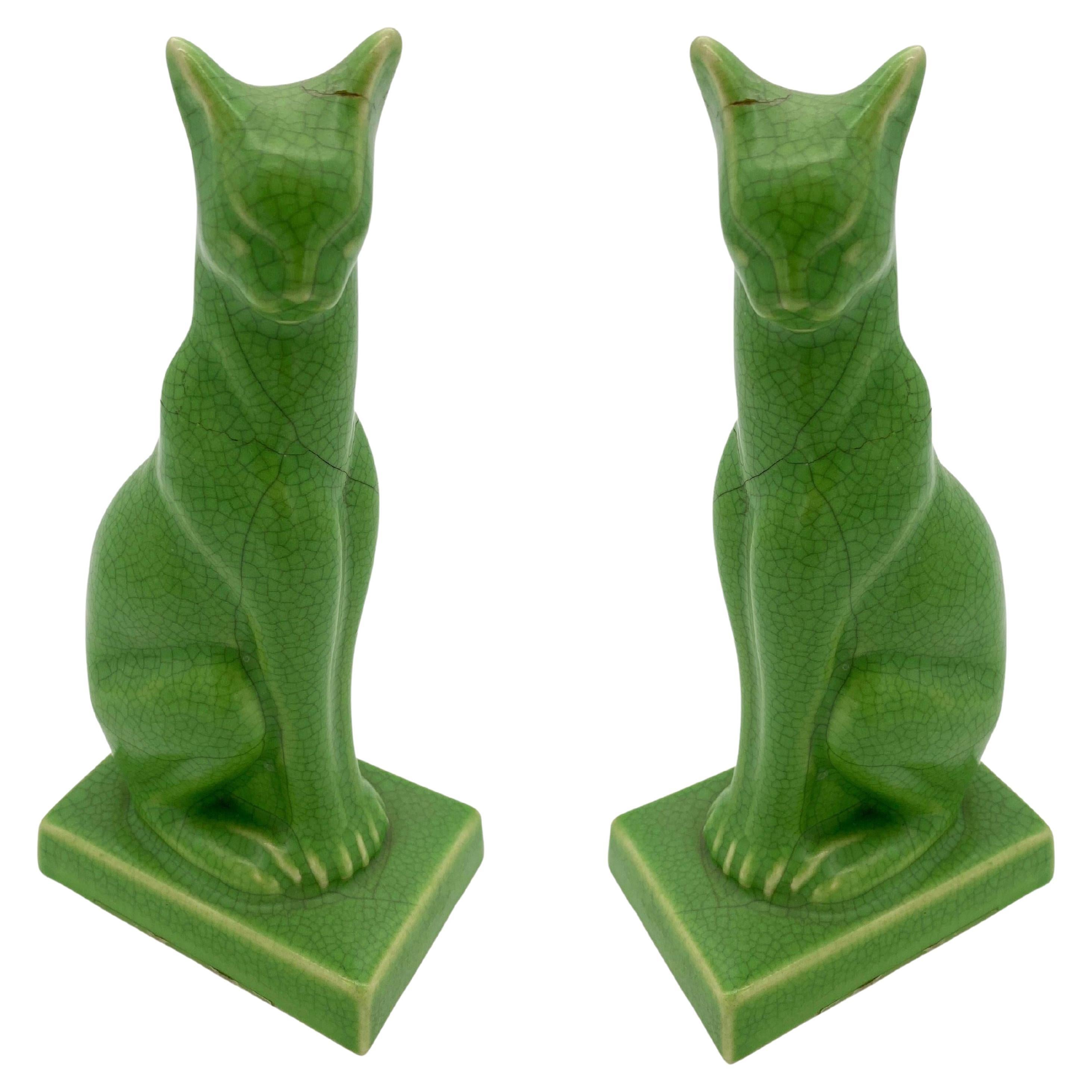 Egyptian Revival Art Deco Green Ceramic Bastet Cat, Pair
