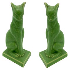 Vintage Egyptian Revival Art Deco Green Ceramic Bastet Cat, Pair