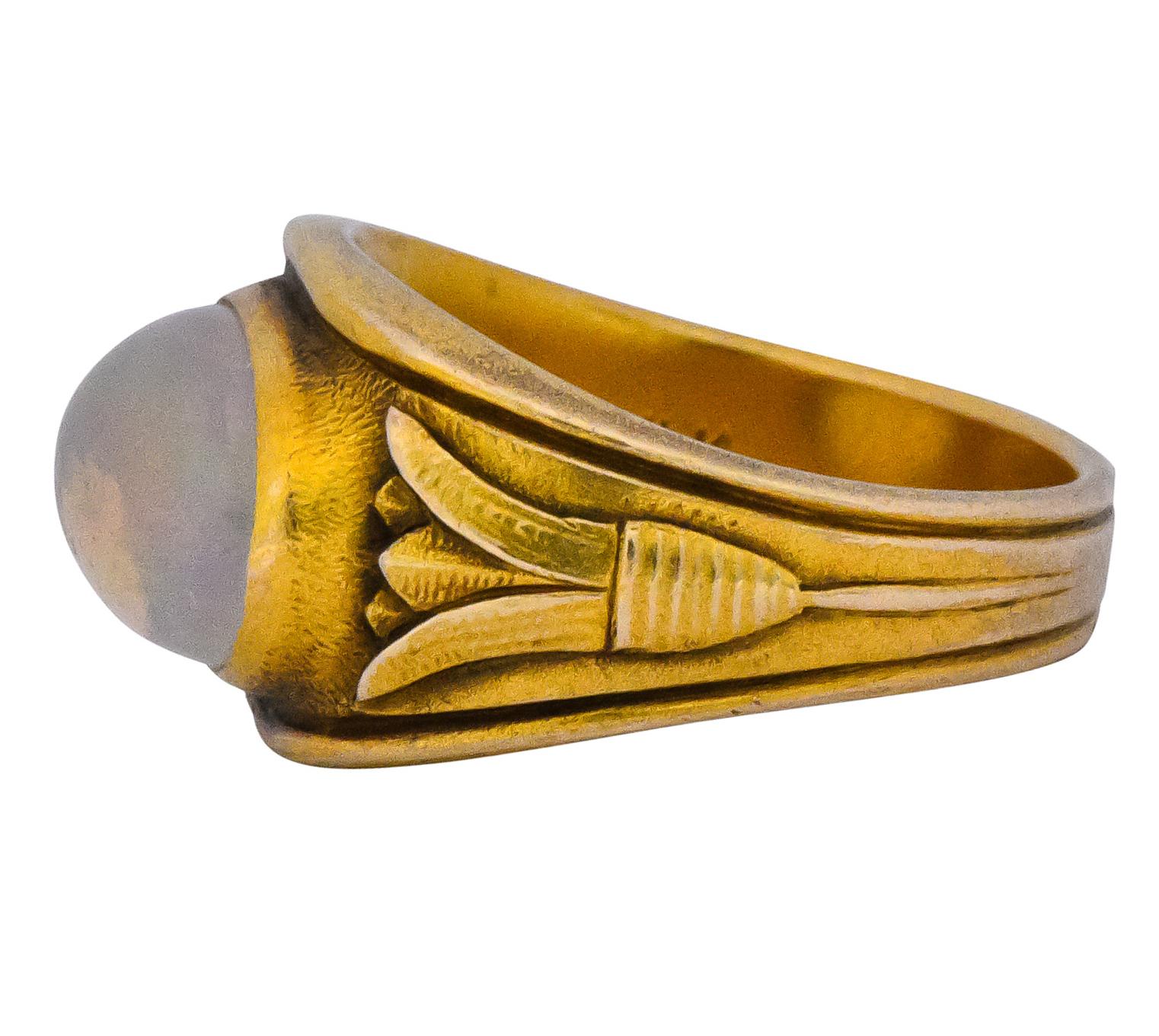 Egyptian Revival Art Nouveau Jelly Opal 14 Karat Gold Floral Ring 1