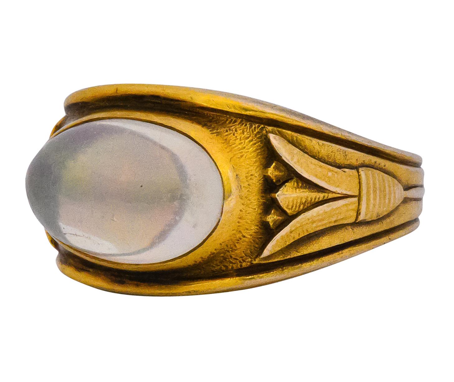 Egyptian Revival Art Nouveau Jelly Opal 14 Karat Gold Floral Ring 2