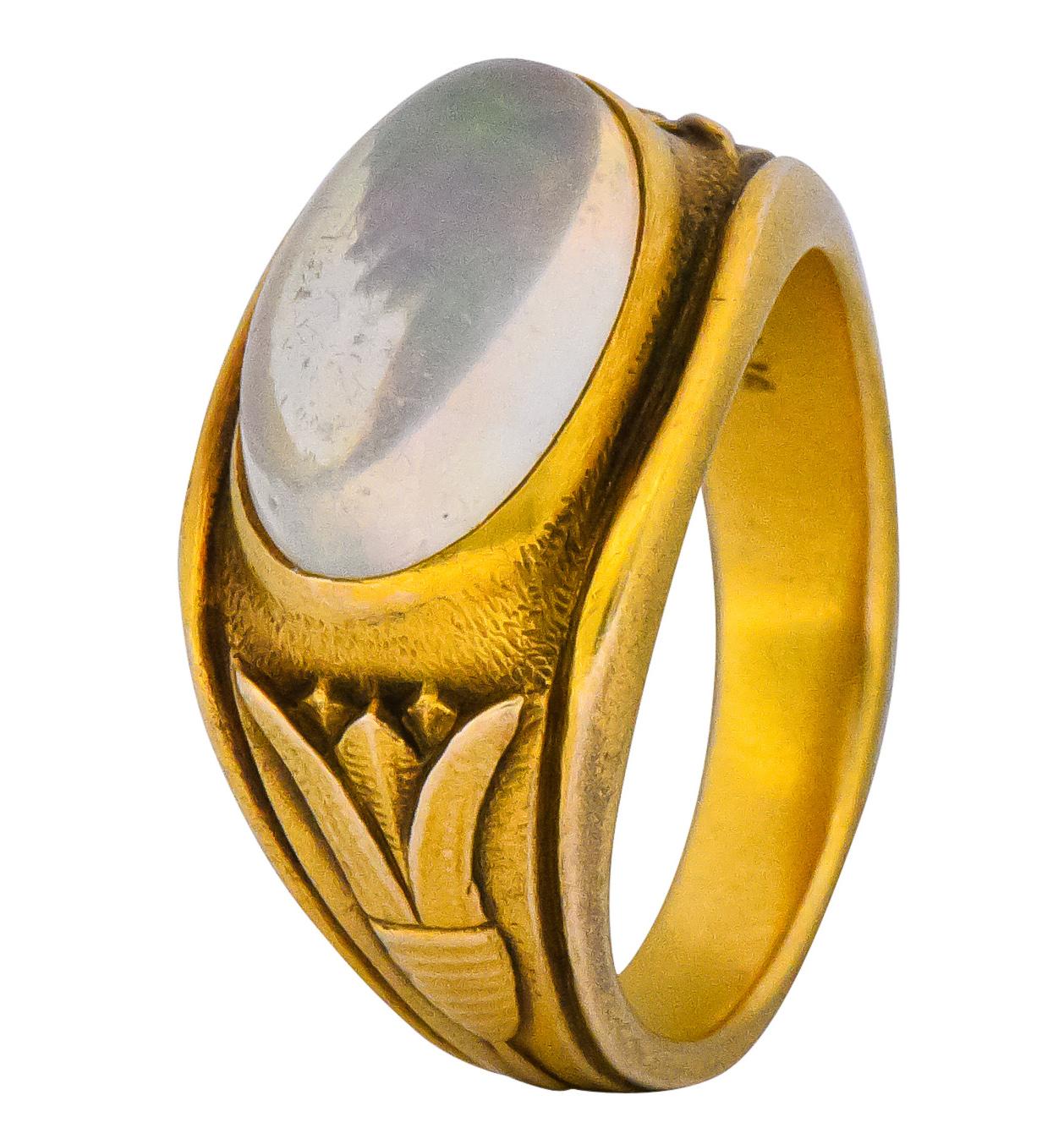 Egyptian Revival Art Nouveau Jelly Opal 14 Karat Gold Floral Ring 4