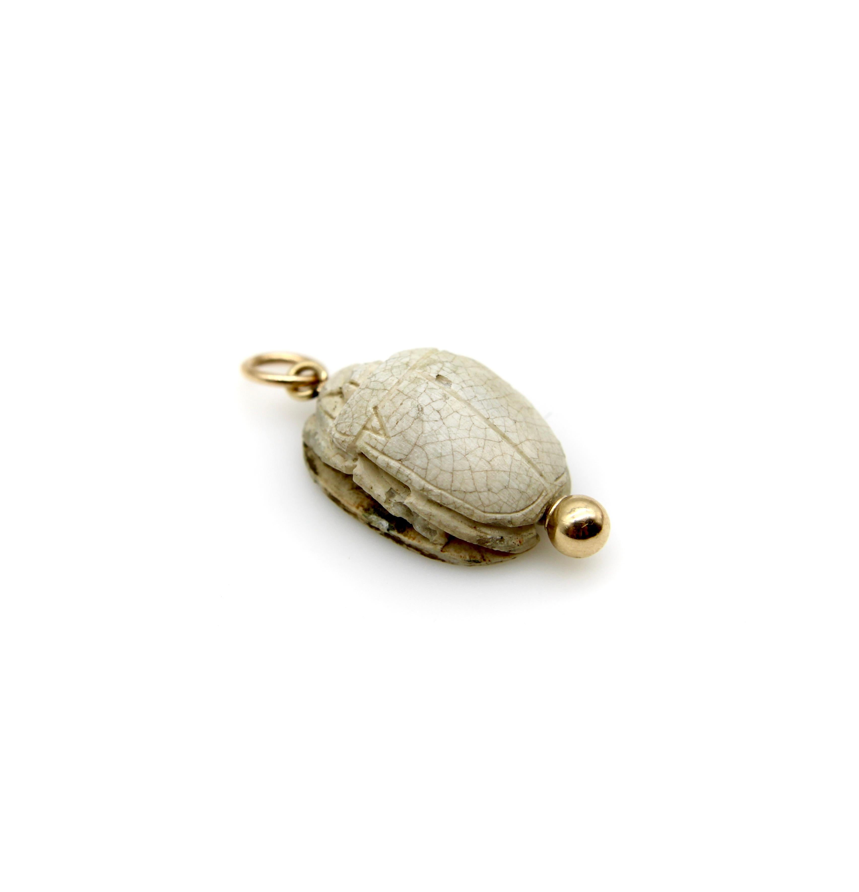 Women's or Men's Egyptian Revival Beige Faience Scarab Pendant with 14K Gold Mount  For Sale