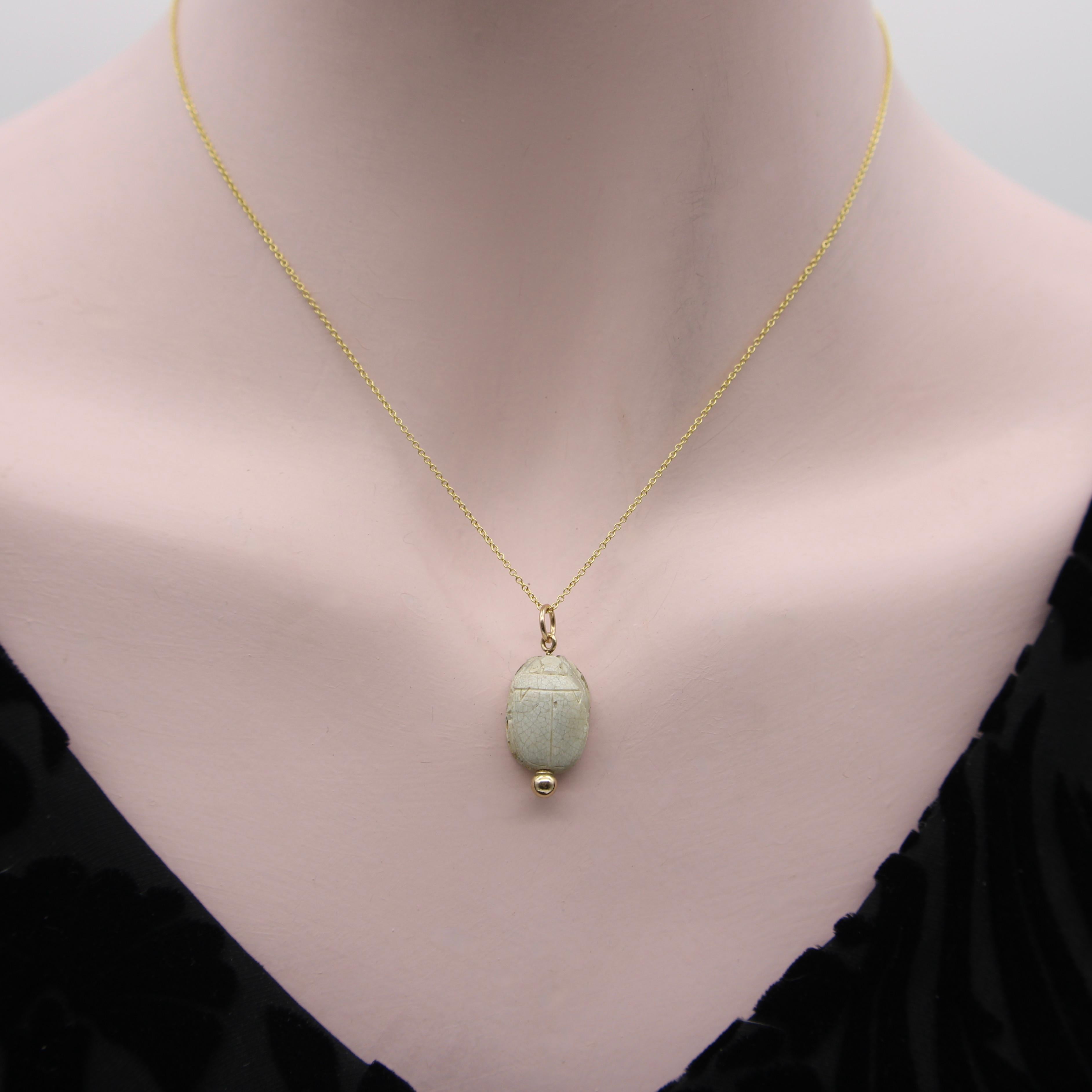 Egyptian Revival Beige Faience Scarab Pendant with 14K Gold Mount  For Sale 5
