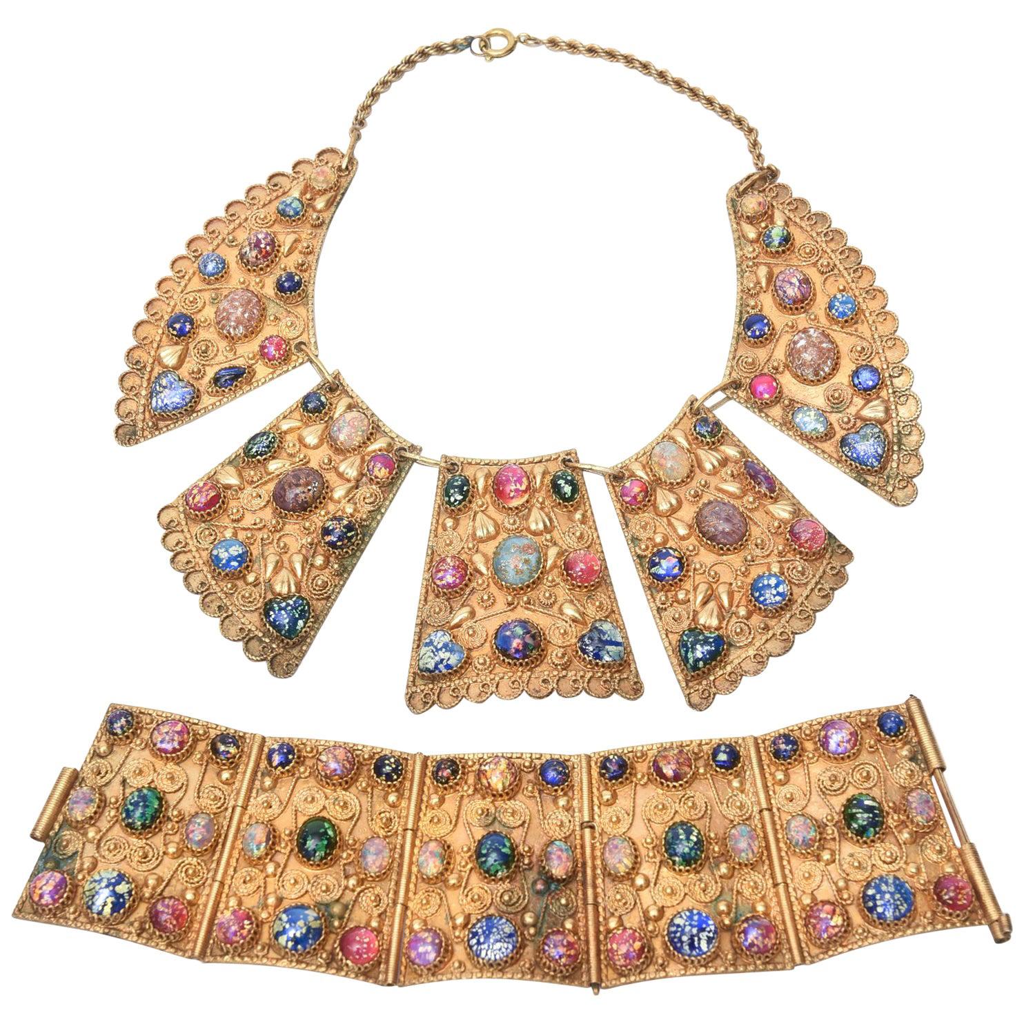 Egyptian Revival Bib Collar Necklace And Cuff Bracelet Set Vintage