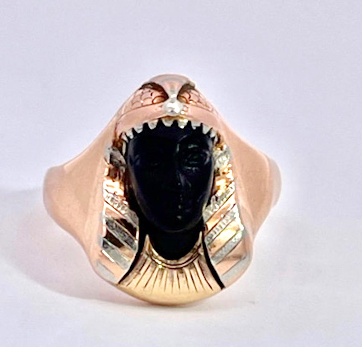 Oval Cut Egyptian Revival Black Onyx Pharaoh Ring  For Sale