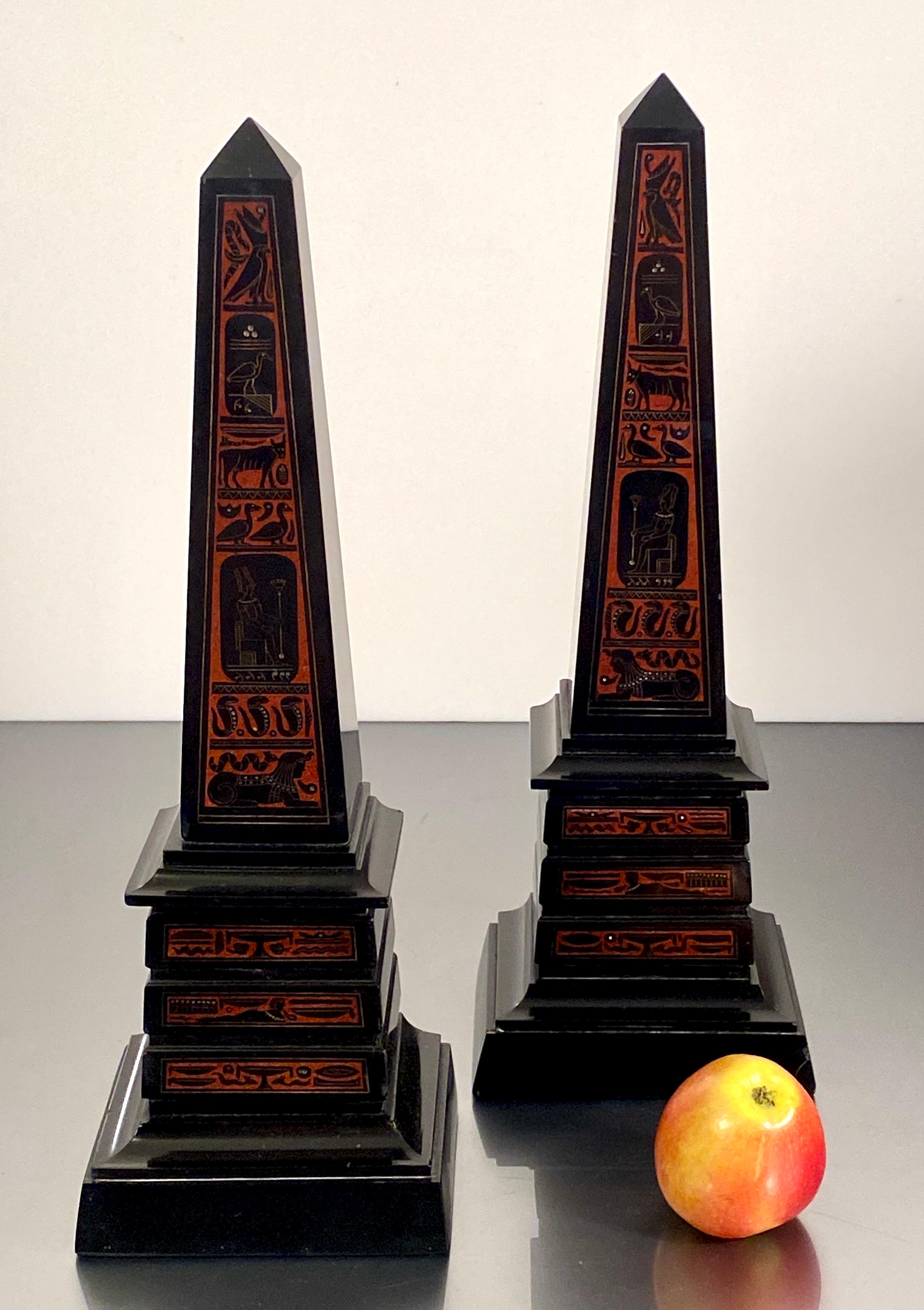 French Egyptian Revival Black Rouge Griotte Marble Obelisk Grand Tour Pair 19th Century For Sale