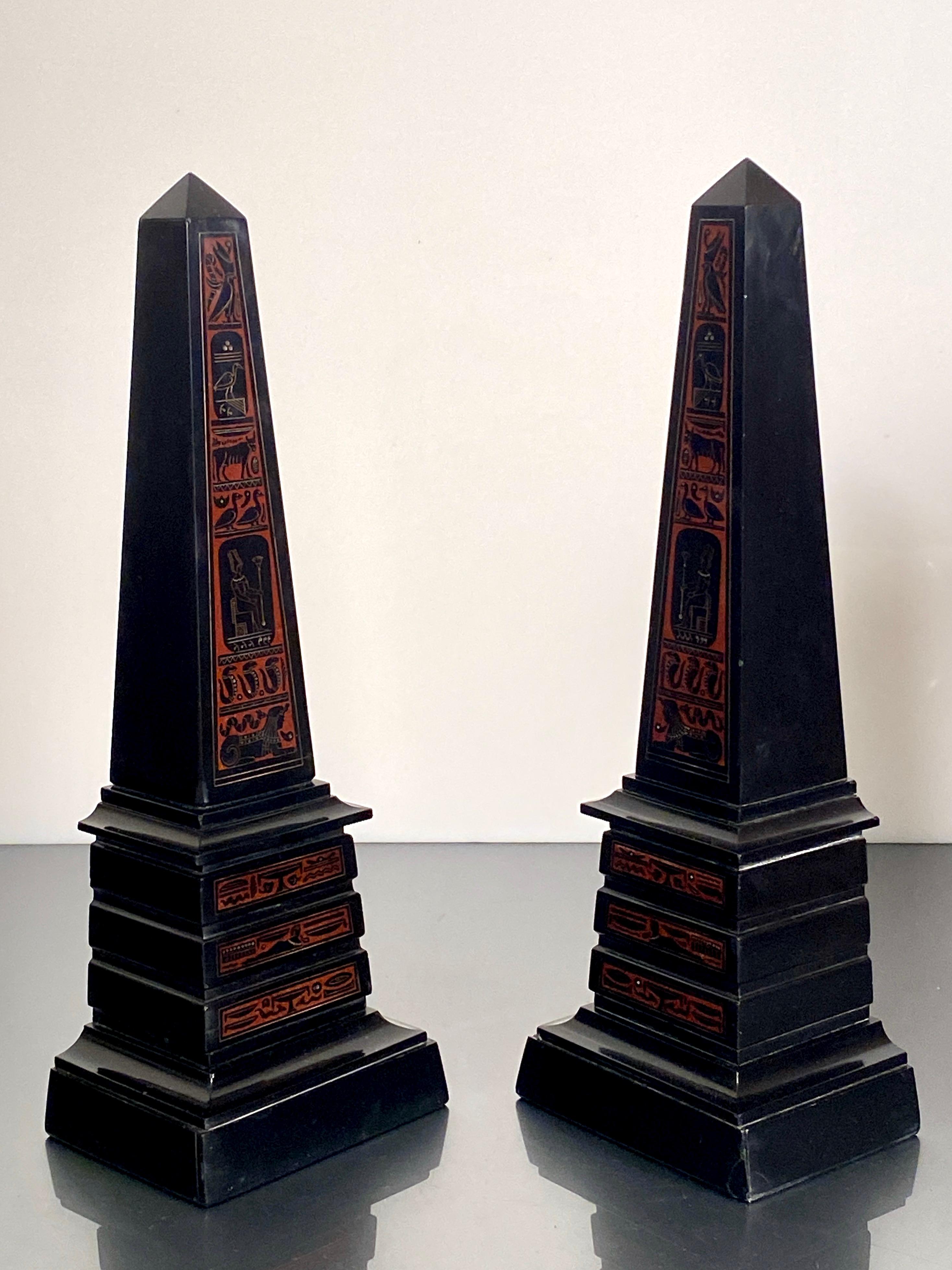 Belgian Black Marble Egyptian Revival Black Rouge Griotte Marble Obelisk Grand Tour Pair 19th Century For Sale