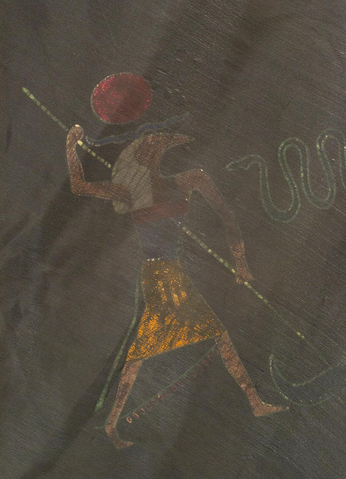 Ägyptisches Revival Schwarzer Seiden-Klavierschal mit Hieroglyphen - 54 x 56