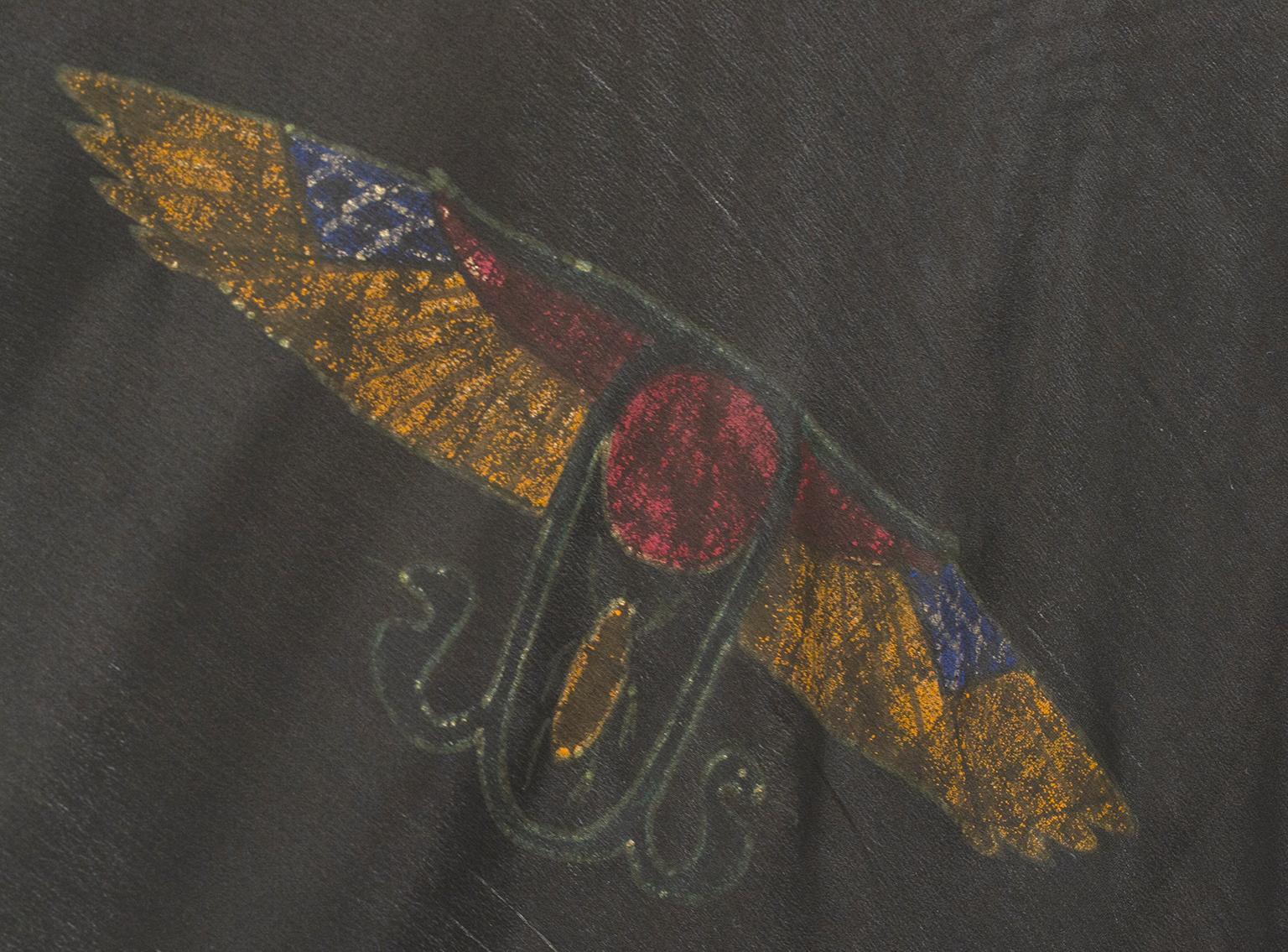 Egyptian Revival Black Silk Piano Shawl Wrap with Hieroglyphs – 54” x 56