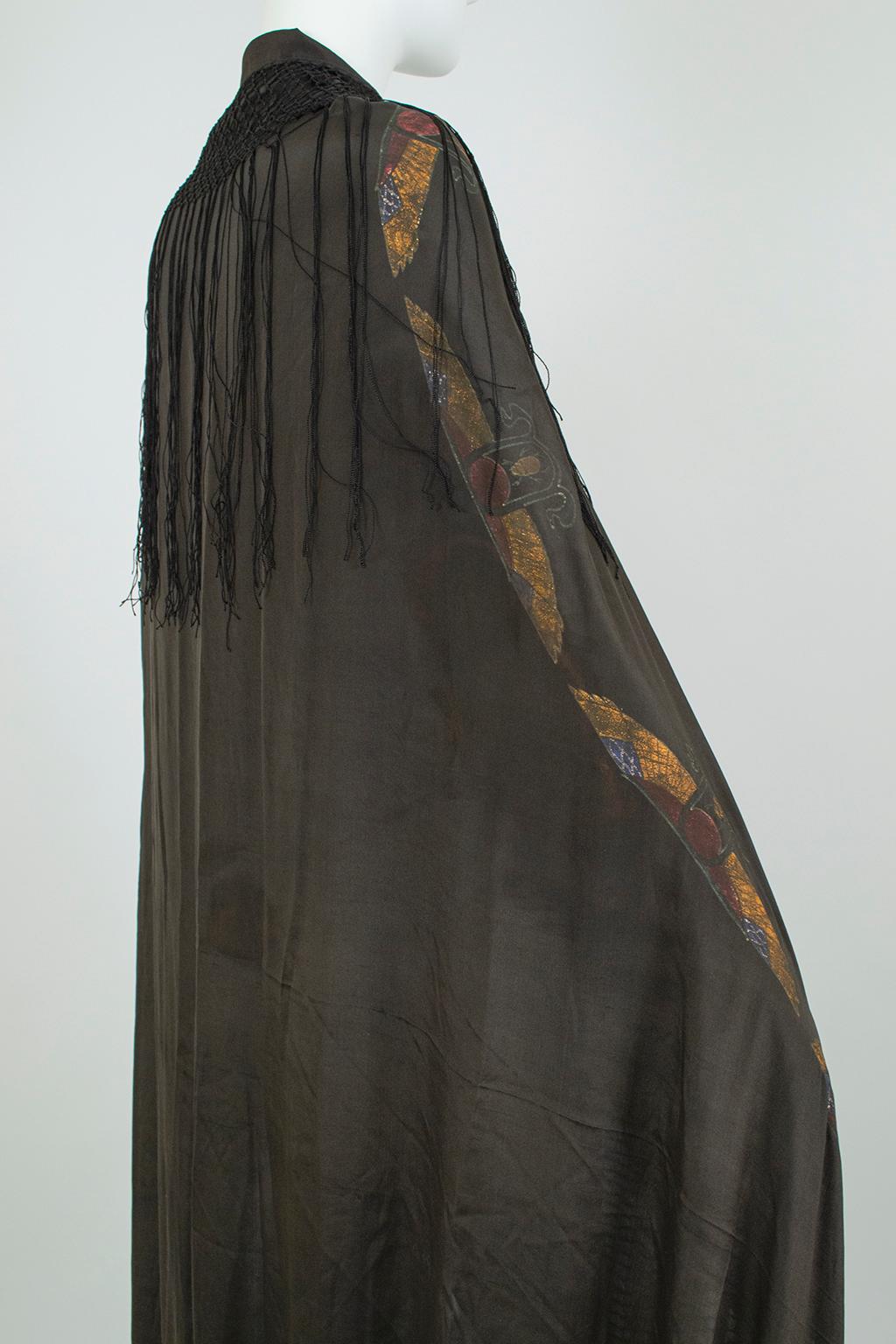 Women's or Men's Egyptian Revival Black Silk Piano Shawl Wrap with Hieroglyphs – 54” x 56