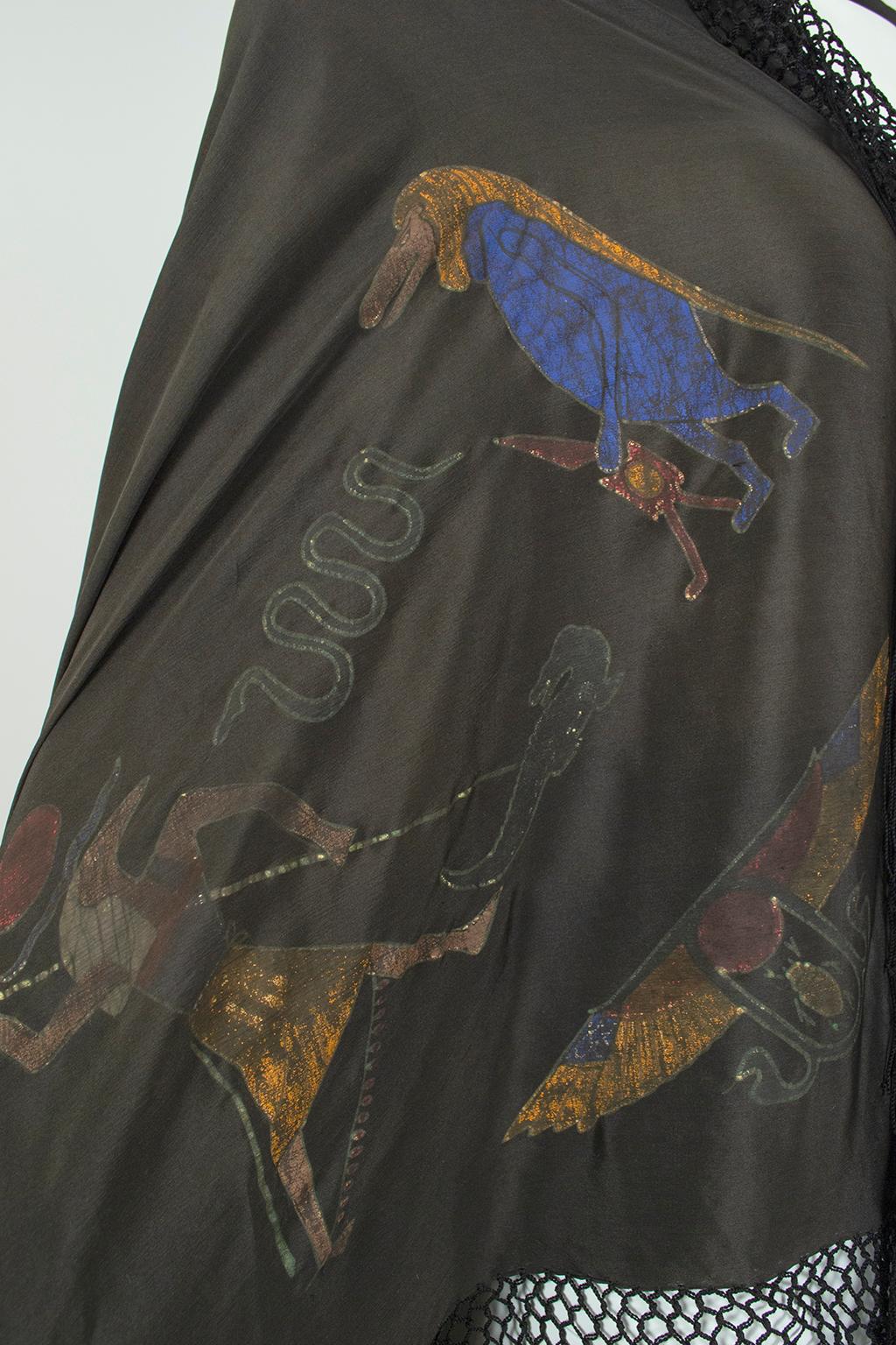 Egyptian Revival Black Silk Piano Shawl Wrap with Hieroglyphs – 54” x 56
