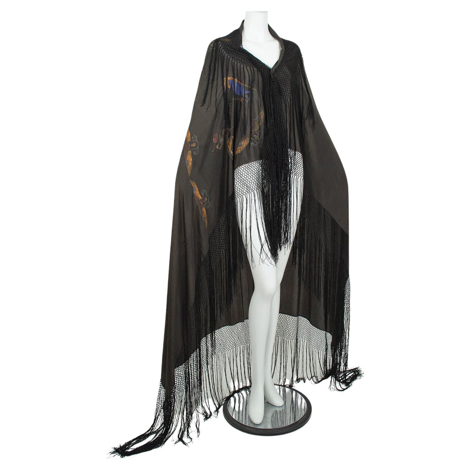 Egyptian Revival Black Silk Piano Shawl Wrap with Hieroglyphs – 54” x 56", 1920s For Sale