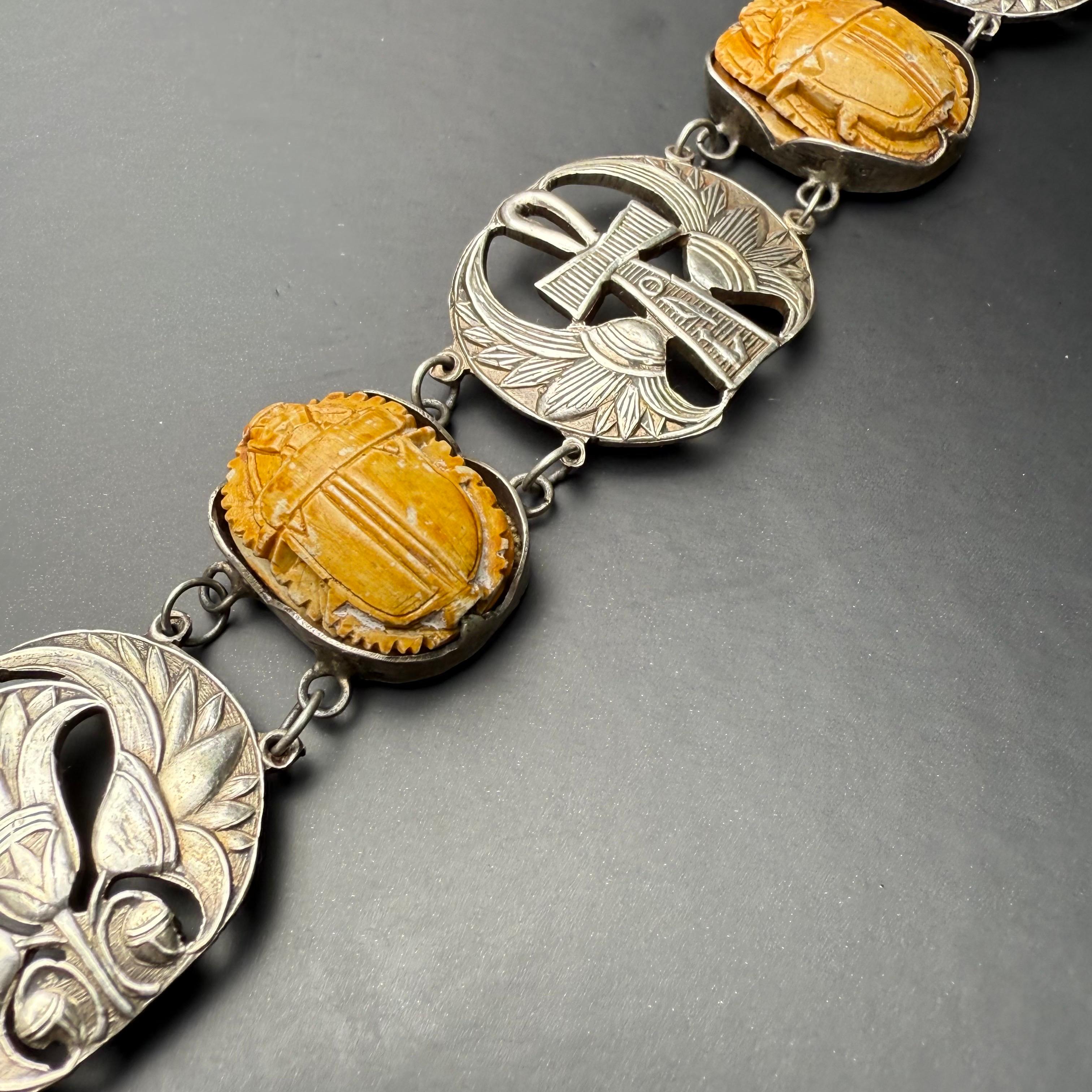 Ägyptisches Revive Armband Skarabäus Skarabäuskäfer  Lotus Antikes Art Deco Silber im Lotus-Stil im Angebot 5