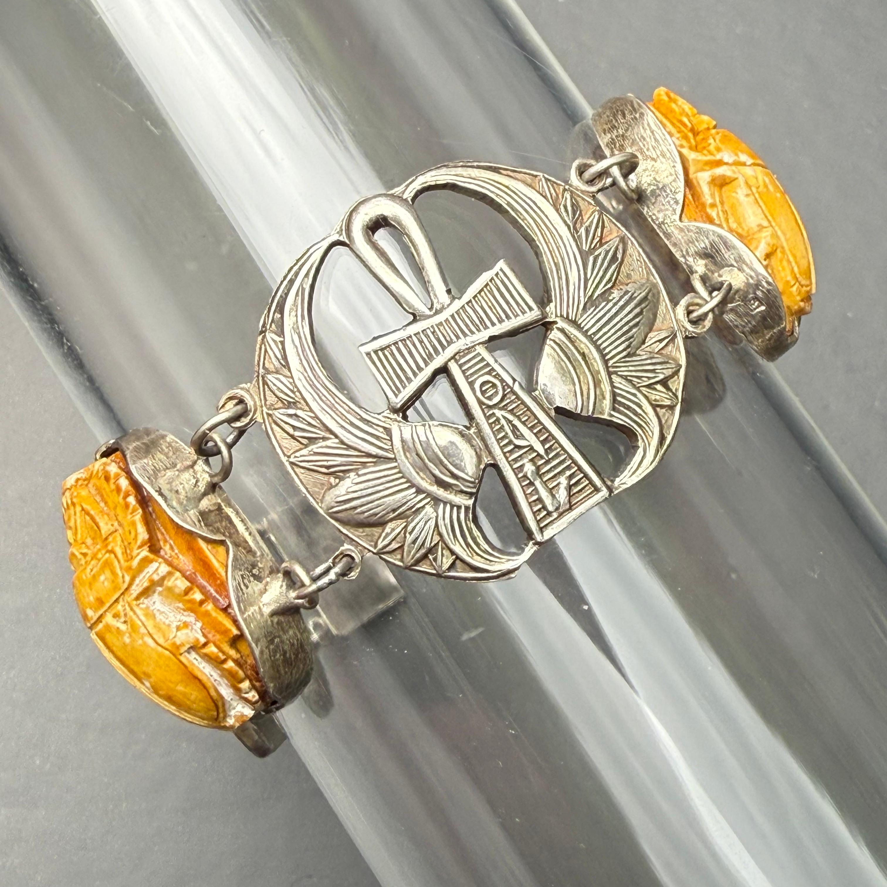 Ägyptisches Revive Armband Skarabäus Skarabäuskäfer  Lotus Antikes Art Deco Silber im Lotus-Stil im Angebot 7