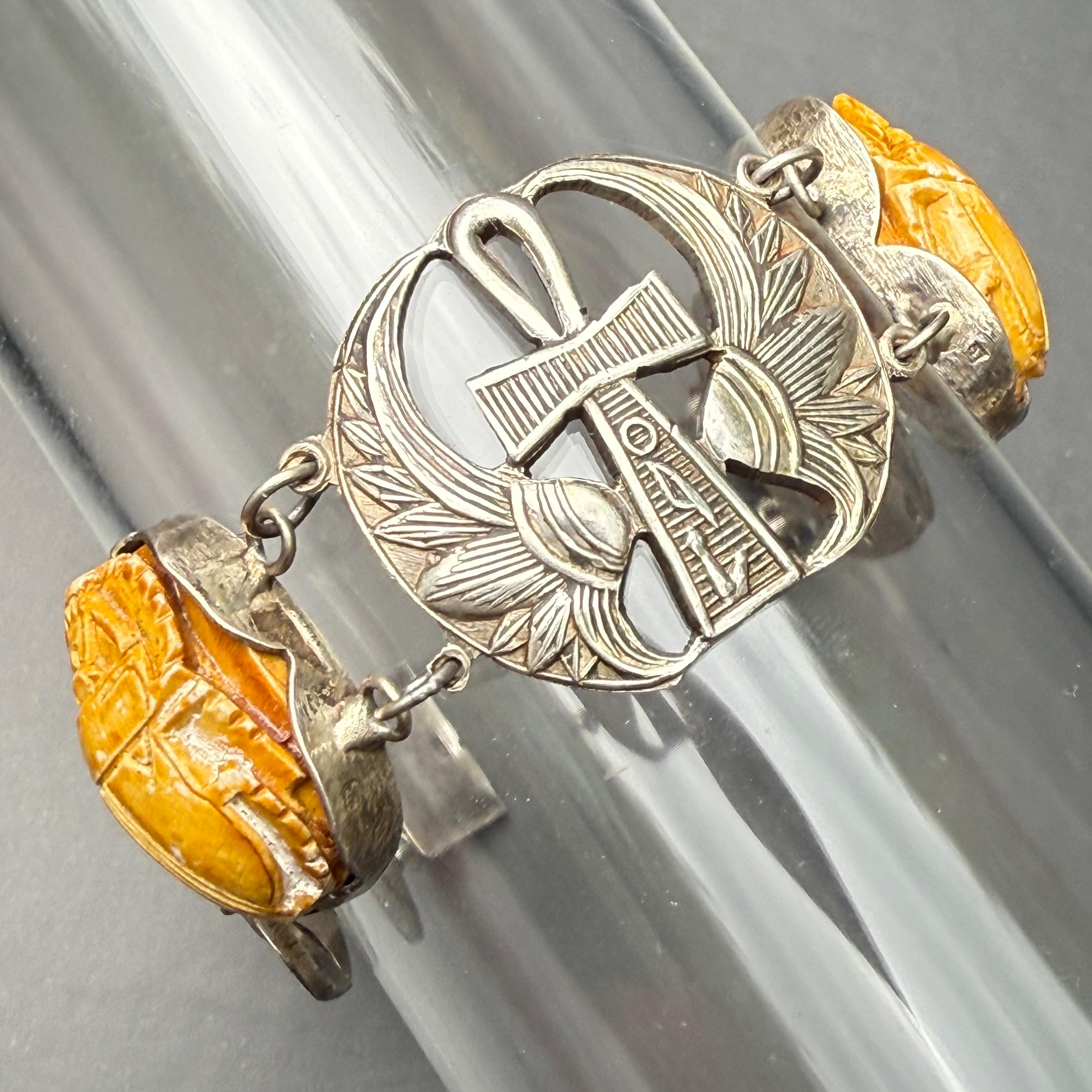 Ägyptisches Revive Armband Skarabäus Skarabäuskäfer  Lotus Antikes Art Deco Silber im Lotus-Stil im Angebot 8