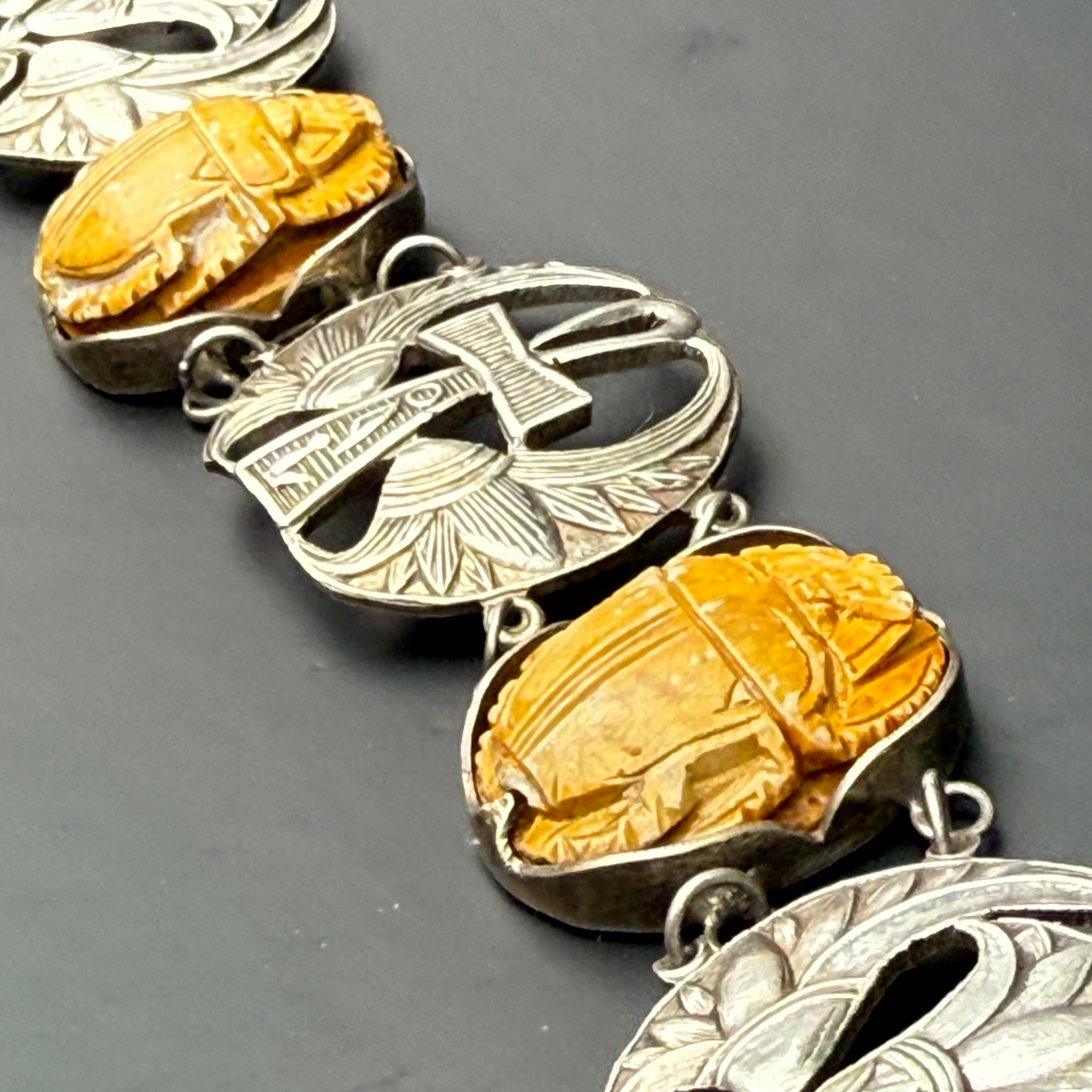Ägyptisches Revive Armband Skarabäus Skarabäuskäfer  Lotus Antikes Art Deco Silber im Lotus-Stil im Angebot 9