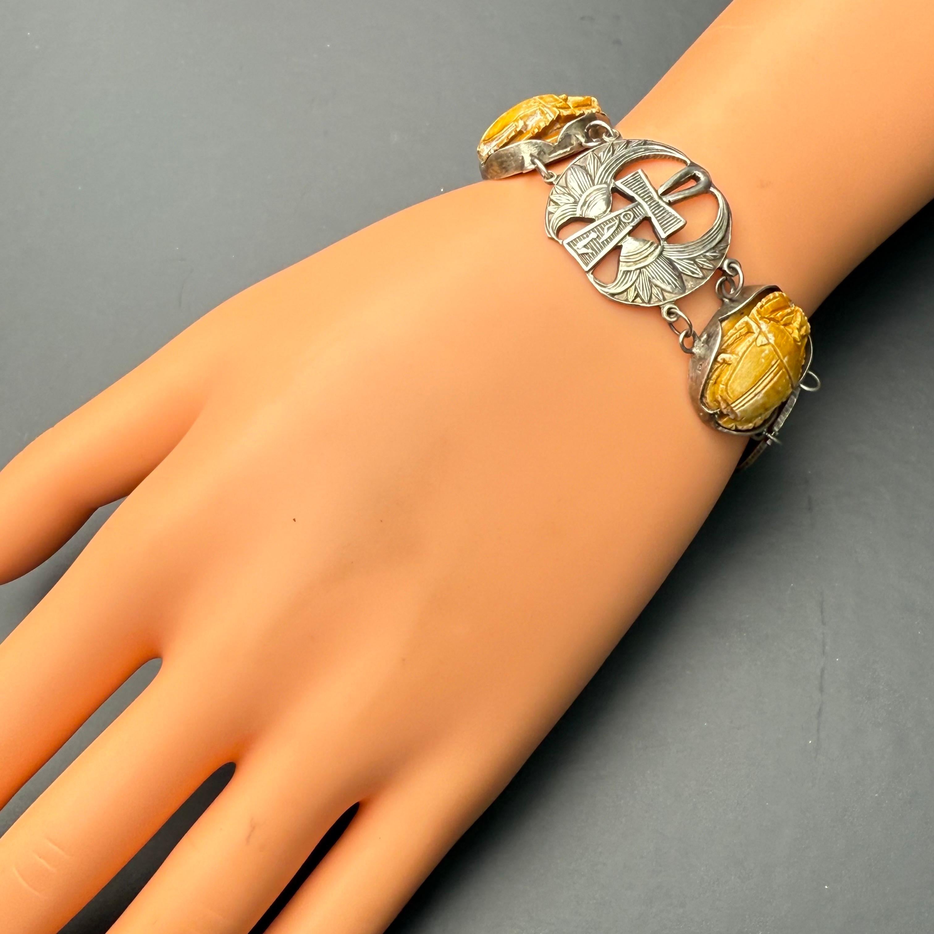 Ägyptisches Revive Armband Skarabäus Skarabäuskäfer  Lotus Antikes Art Deco Silber im Lotus-Stil im Angebot 10