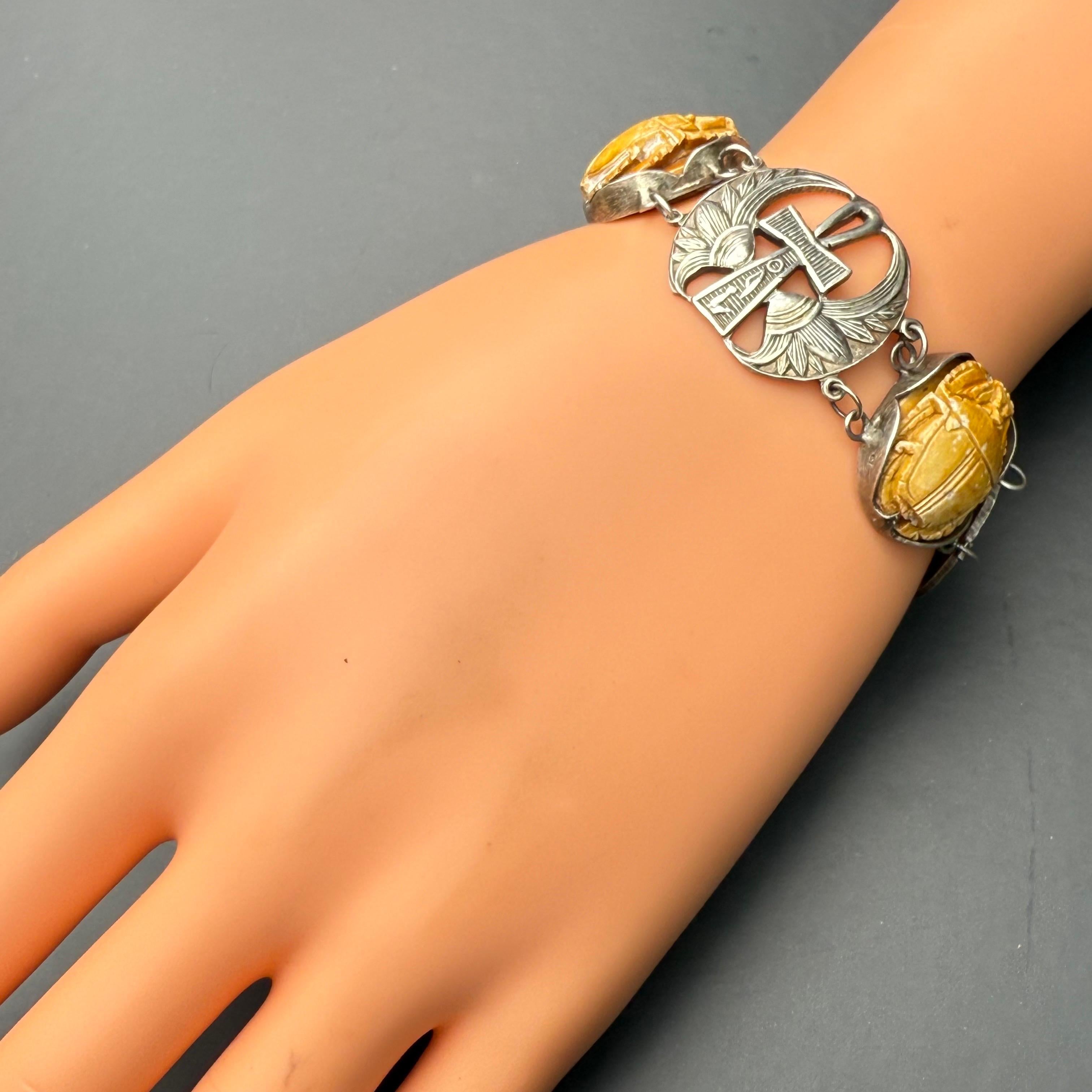 Ägyptisches Revive Armband Skarabäus Skarabäuskäfer  Lotus Antikes Art Deco Silber im Lotus-Stil im Angebot 12