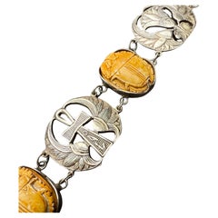 Ägyptisches Revive Armband Skarabäus Skarabäuskäfer  Lotus Antikes Art Deco Silber im Lotus-Stil