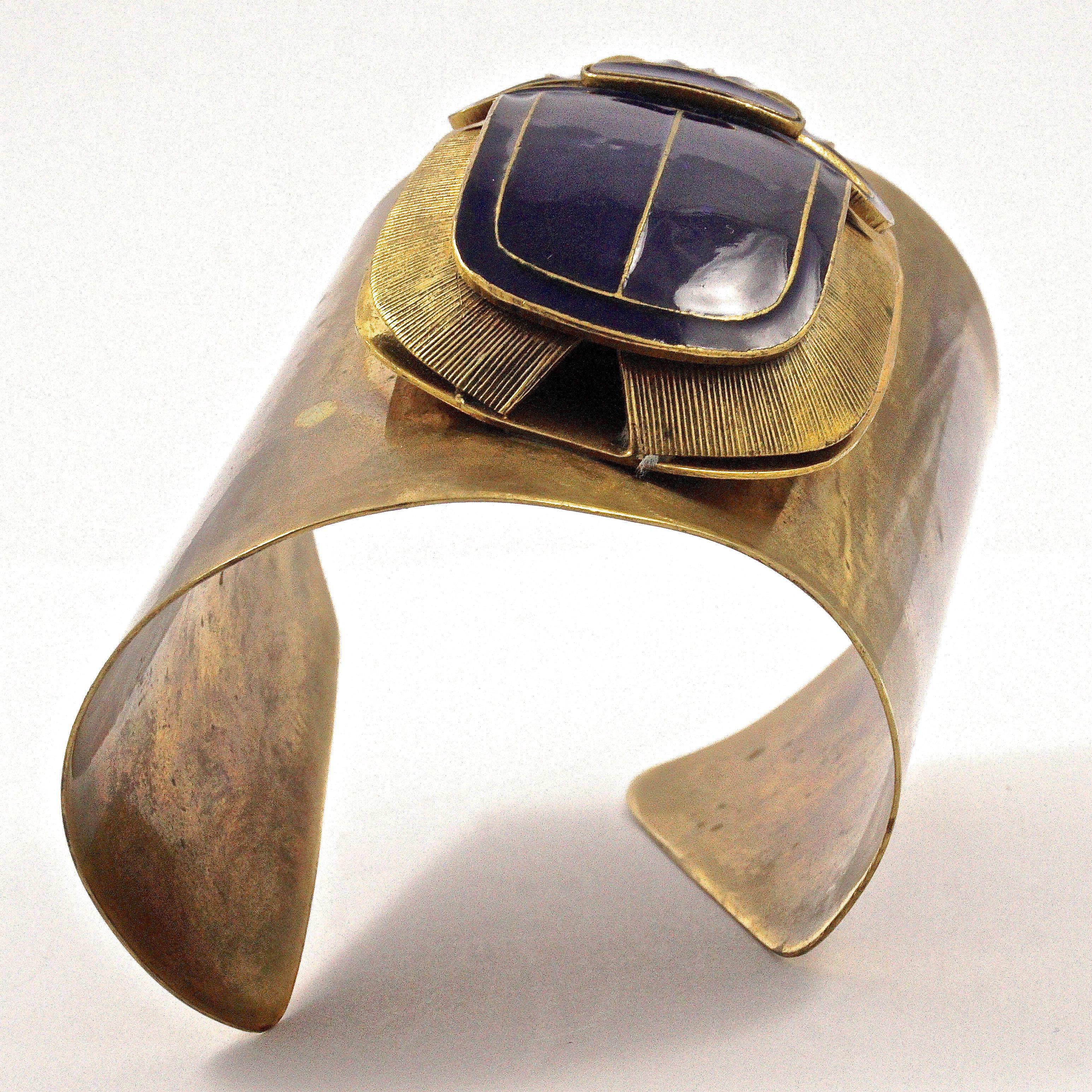 Women's or Men's Egyptian Revival Brass Statement Cuff Bangle with Blue Enamel Scarab circa 1980s