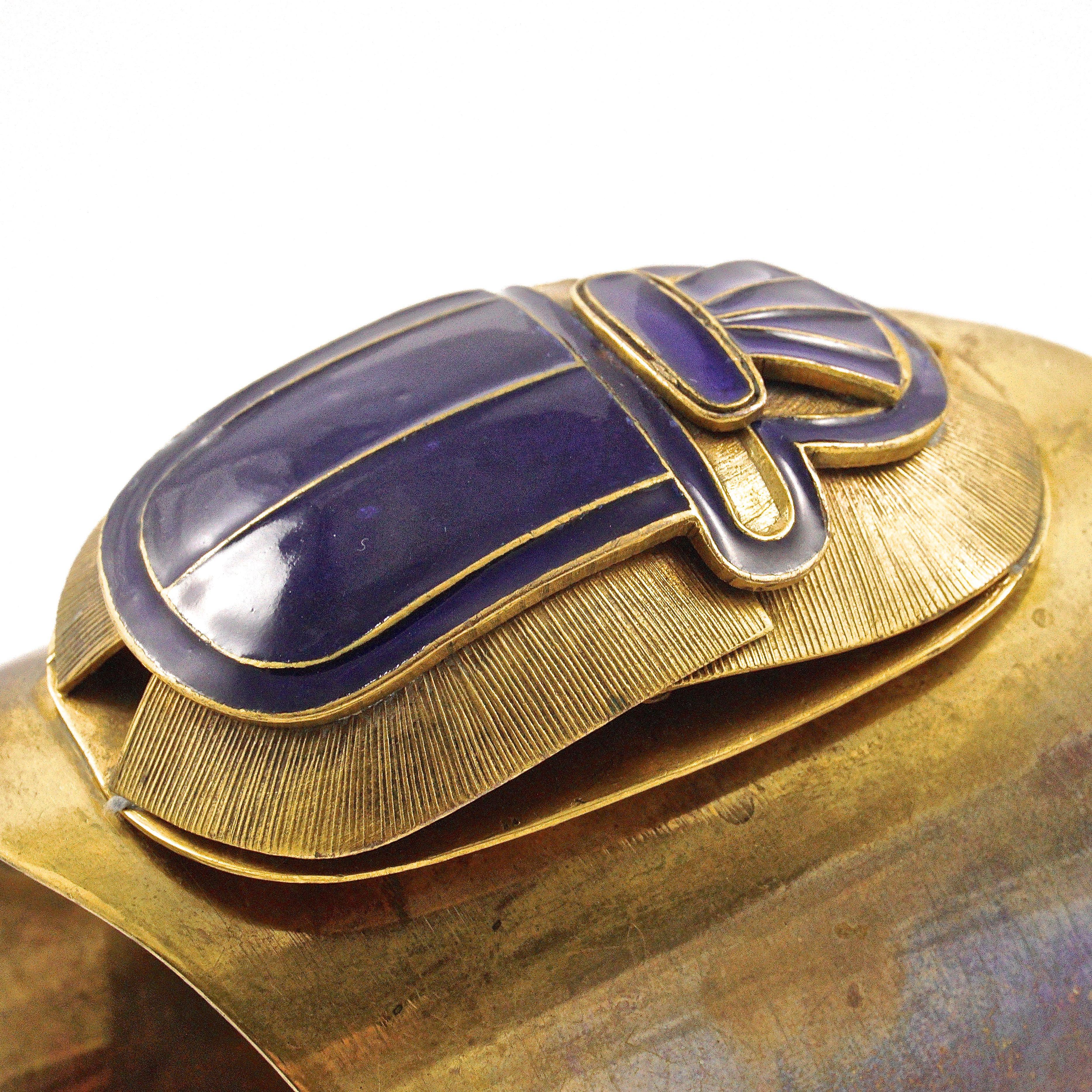 Egyptian Revival Brass Statement Cuff Bangle with Blue Enamel Scarab circa 1980s 1