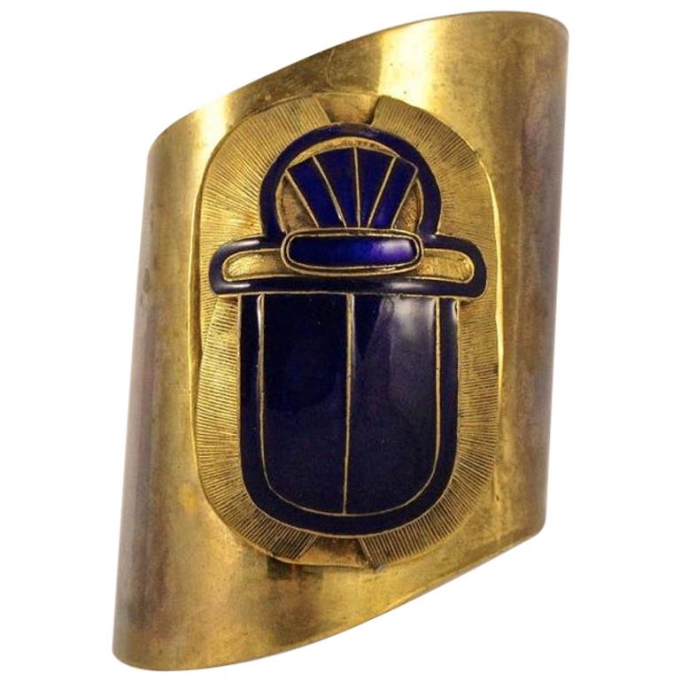 Egyptian Revival Brass Statement Cuff Bangle with Blue Enamel Scarab circa 1980s