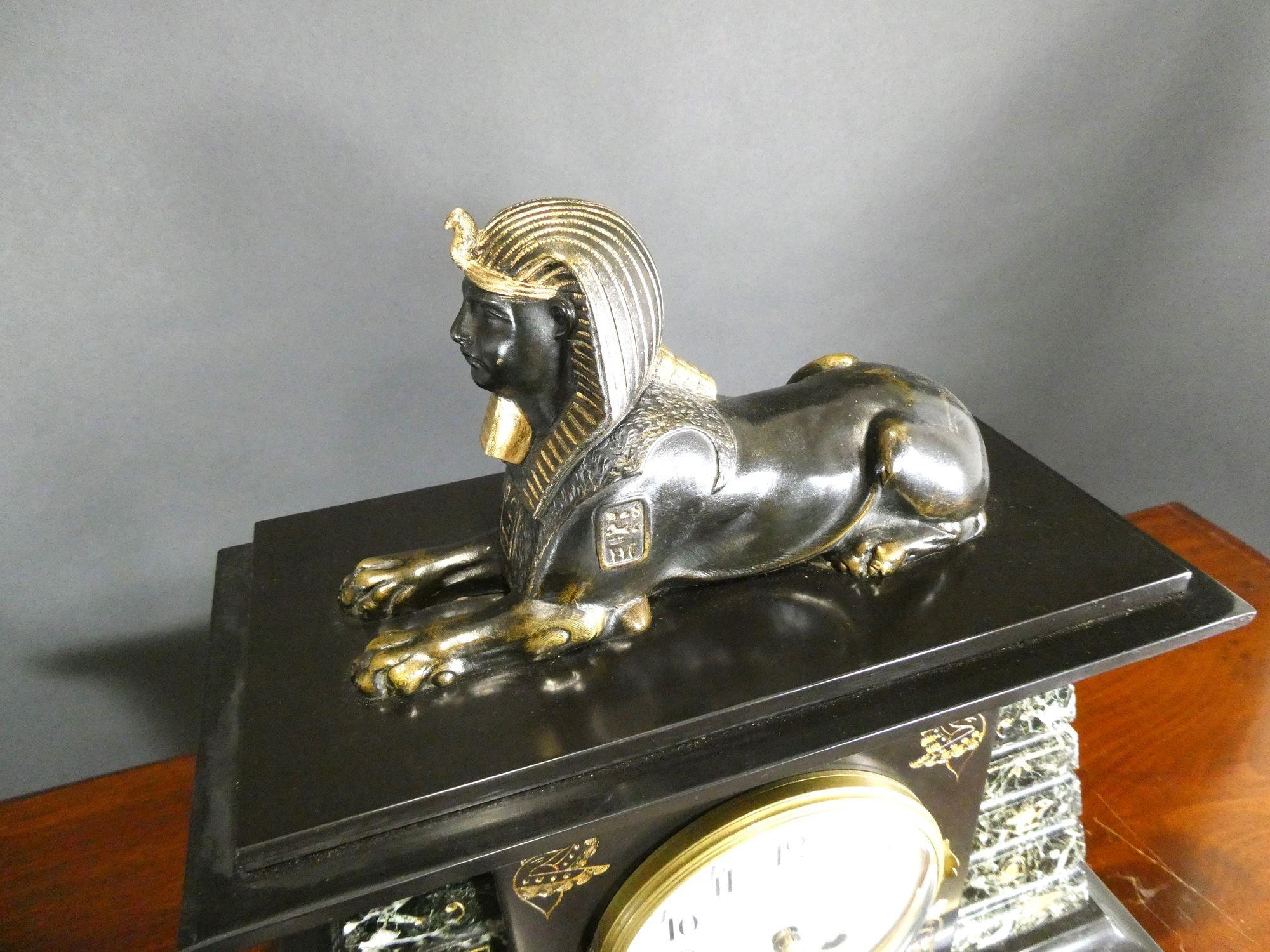 Egyptian Revival Bronze and Marble Mantel Clock For Sale 4