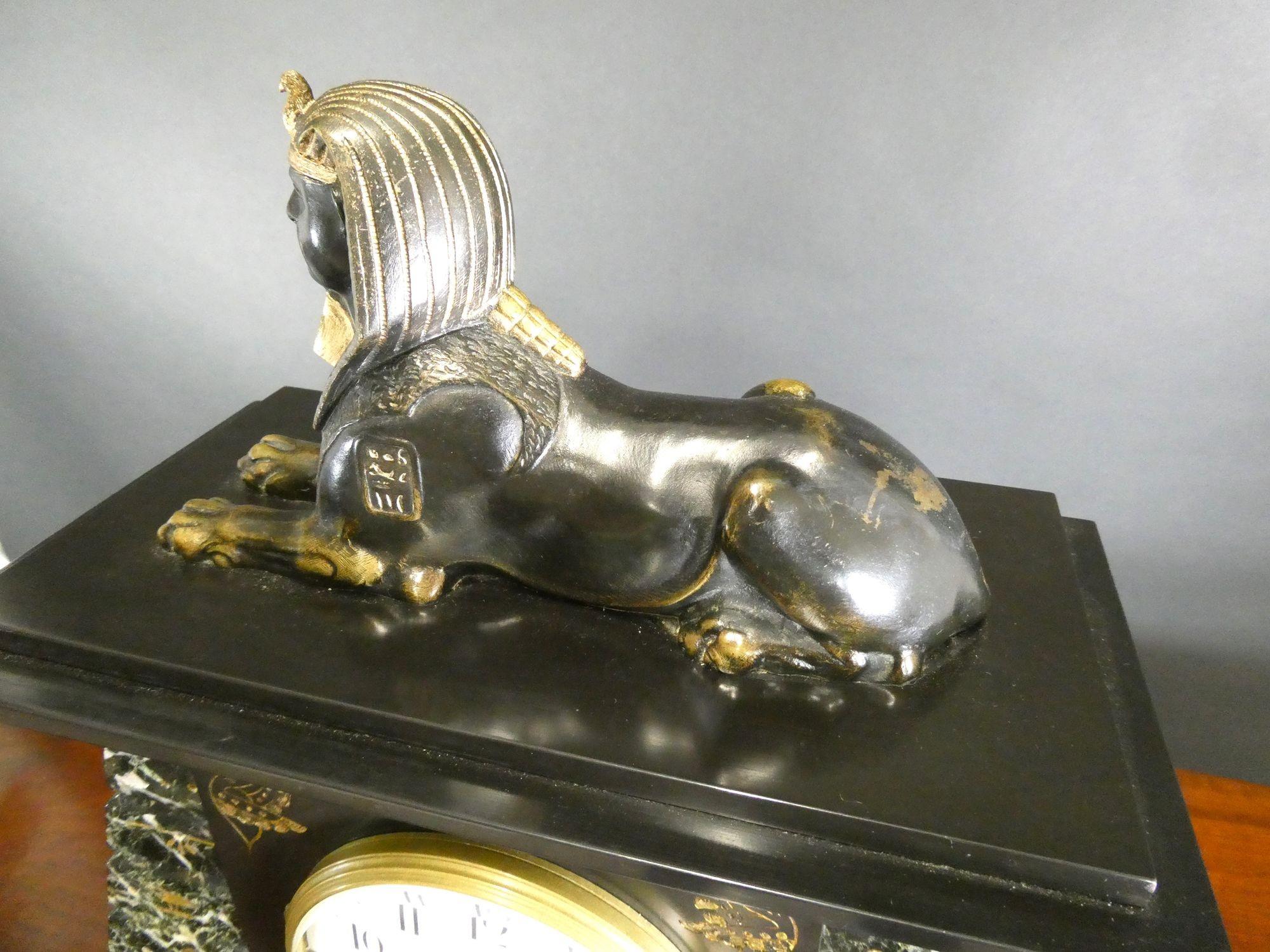 Egyptian Revival Bronze and Marble Mantel Clock For Sale 5