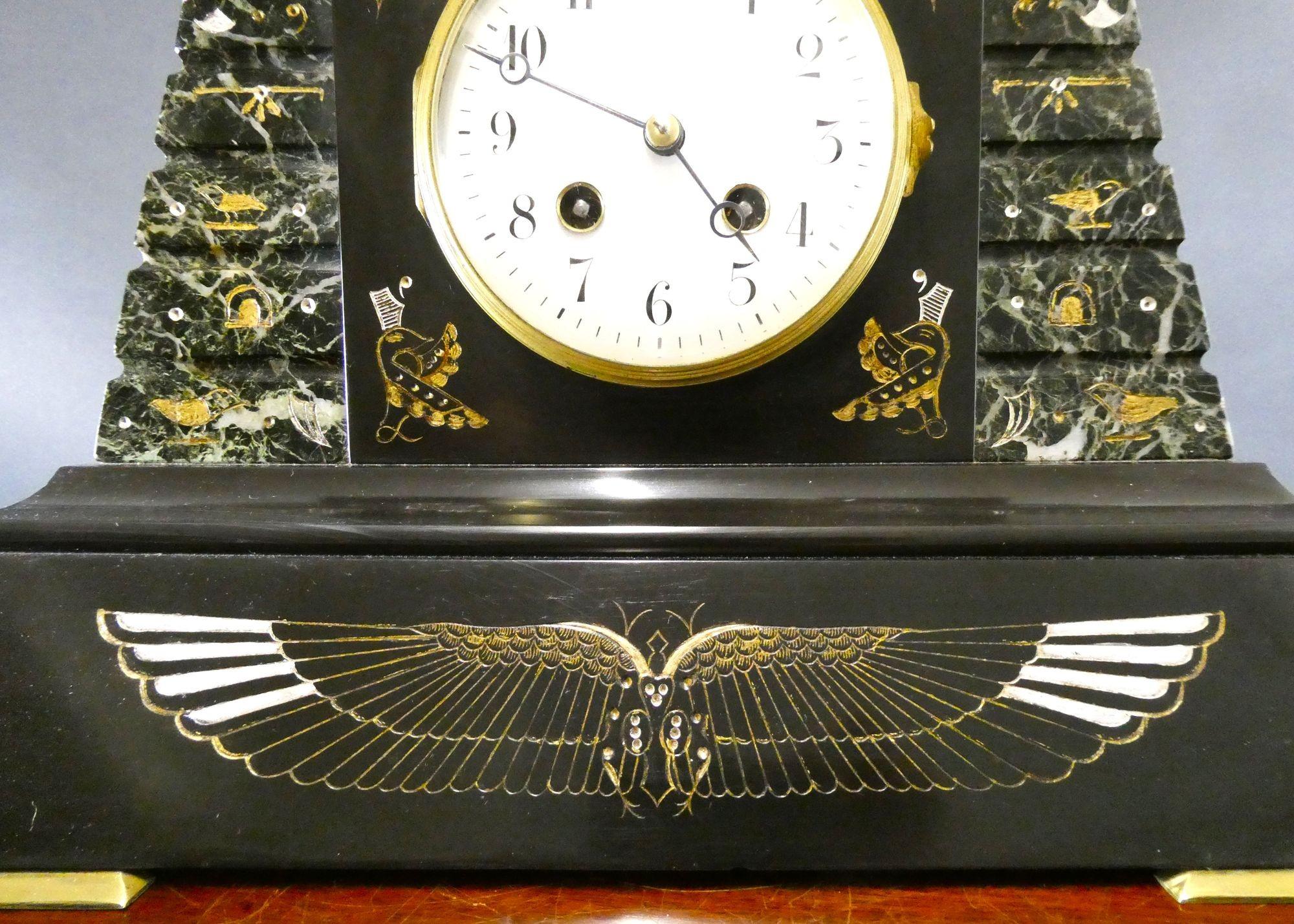 French Egyptian Revival Bronze and Marble Mantel Clock For Sale