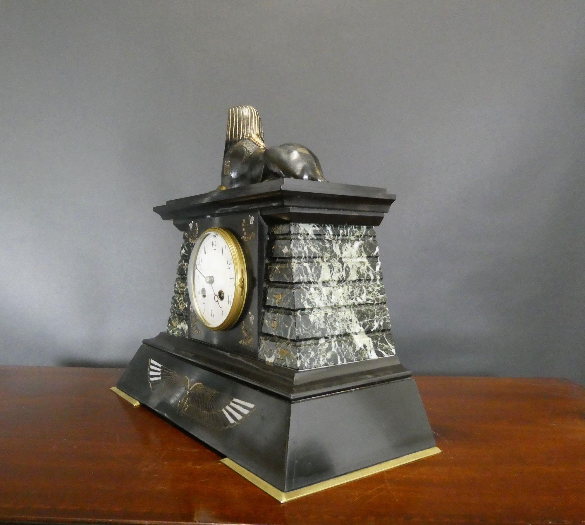Slate Egyptian Revival Bronze and Marble Mantel Clock For Sale