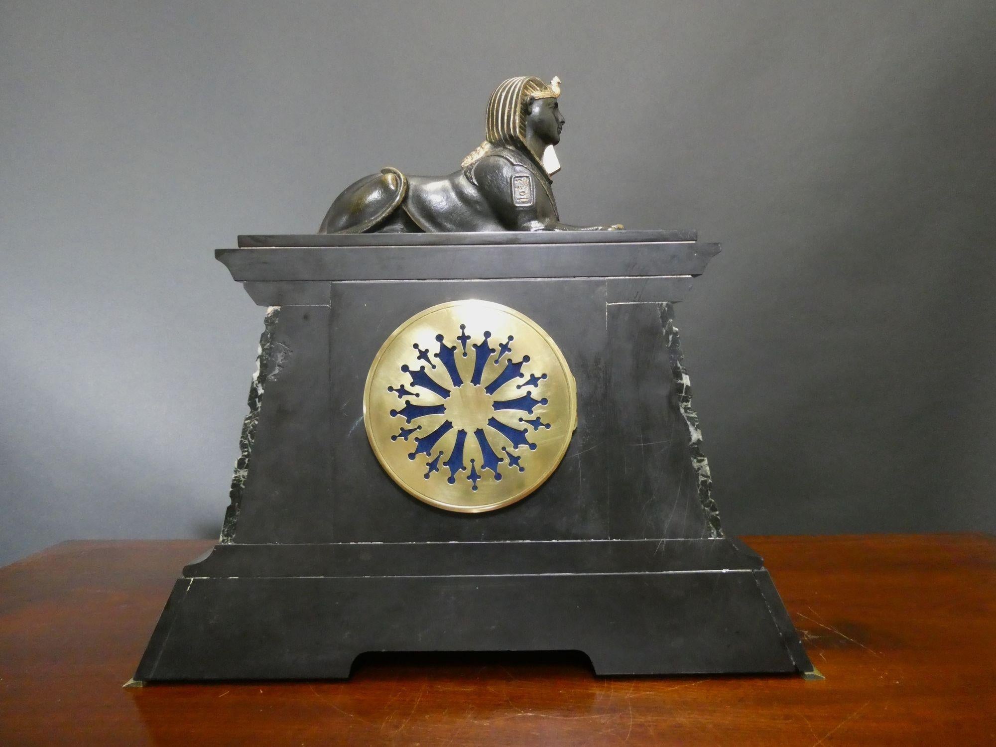 Egyptian Revival Bronze and Marble Mantel Clock For Sale 1