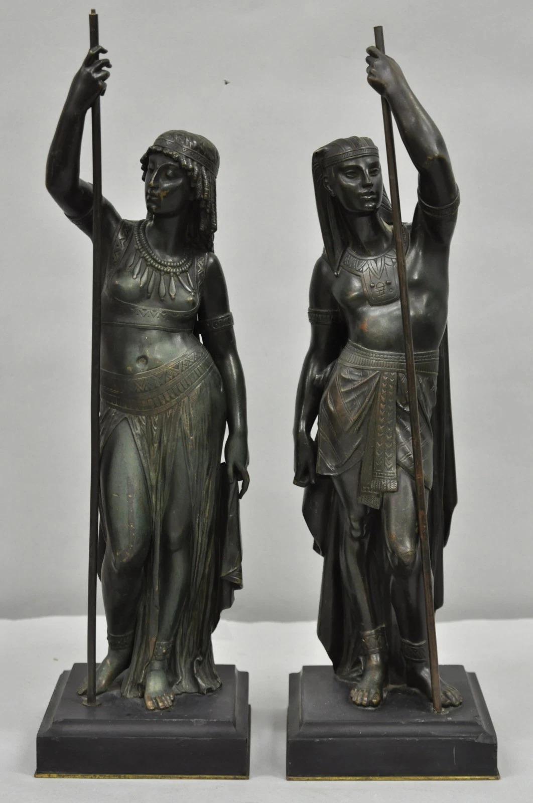Egyptian Revival Bronze Priest & Priestess Figures after Émile Louis Picault For Sale 11