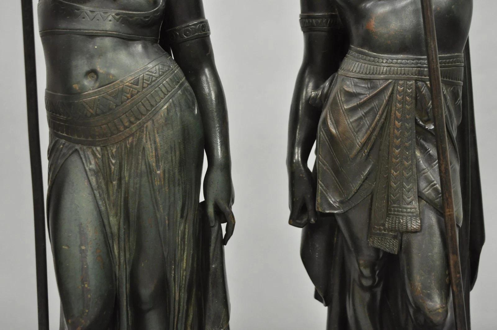 Egyptian Revival Bronze Priest & Priestess Figures after Émile Louis Picault For Sale 1