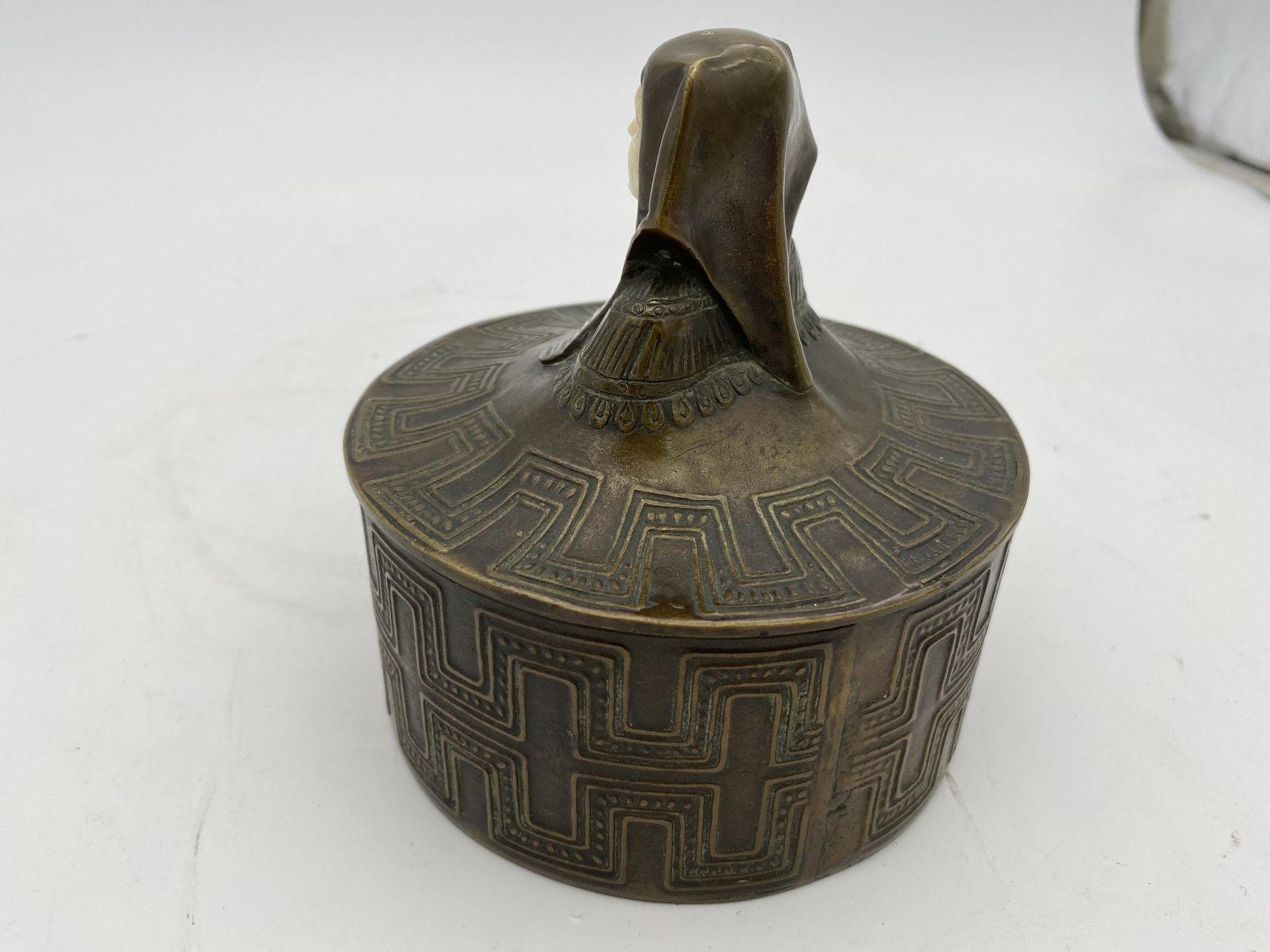 American Egyptian Revival Bronze Round Pharaoh Case W/ Carved Bone Face, Circa 1920 For Sale