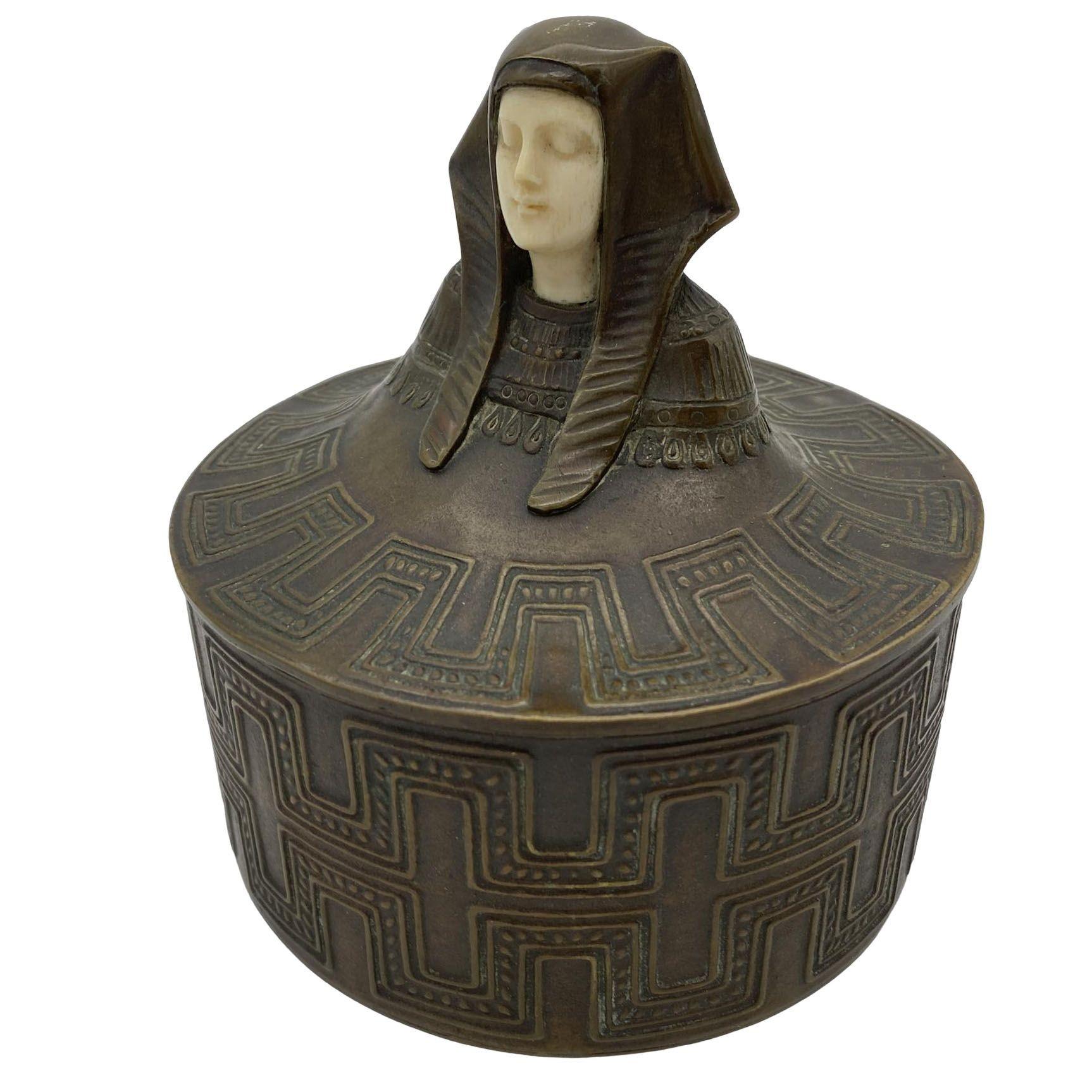 American Egyptian Revival Bronze Round Pharaoh Case W/ Carved Bone Face, Circa 1920 For Sale