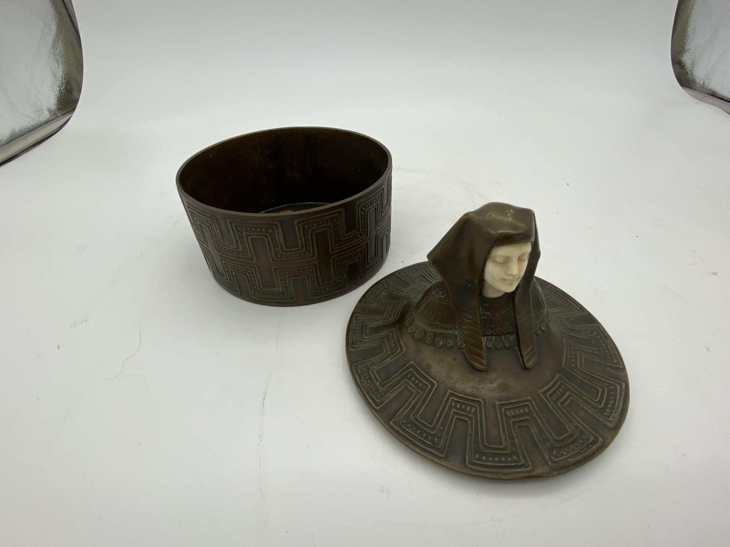 American Egyptian Revival Bronze Round Pharaoh Case w/ Carved Bone Face, Circa 1920