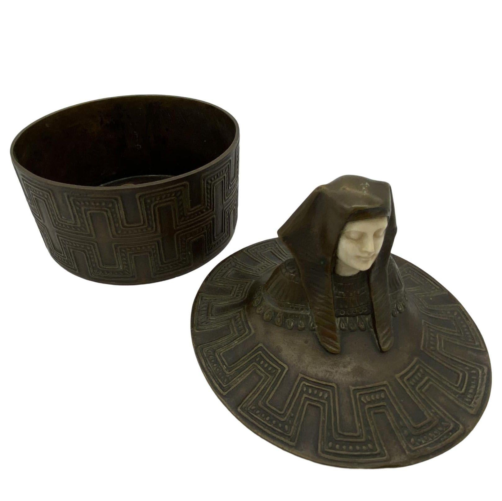 Egyptian Revival Bronze Round Pharaoh Case W/ Carved Bone Face, Circa 1920 For Sale 2
