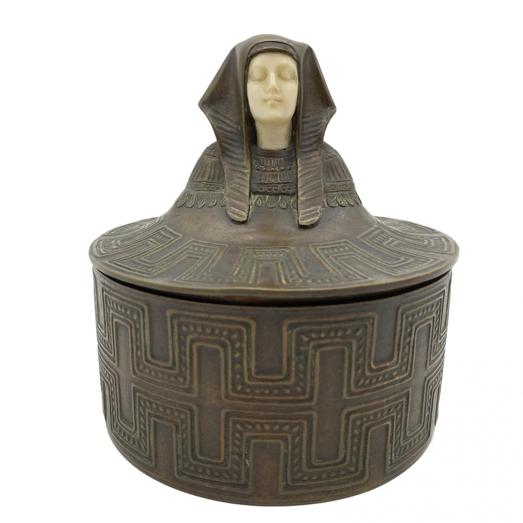 Egyptian Revival Bronze Round Pharaoh Case W/ Carved Bone Face, Circa 1920 For Sale 3