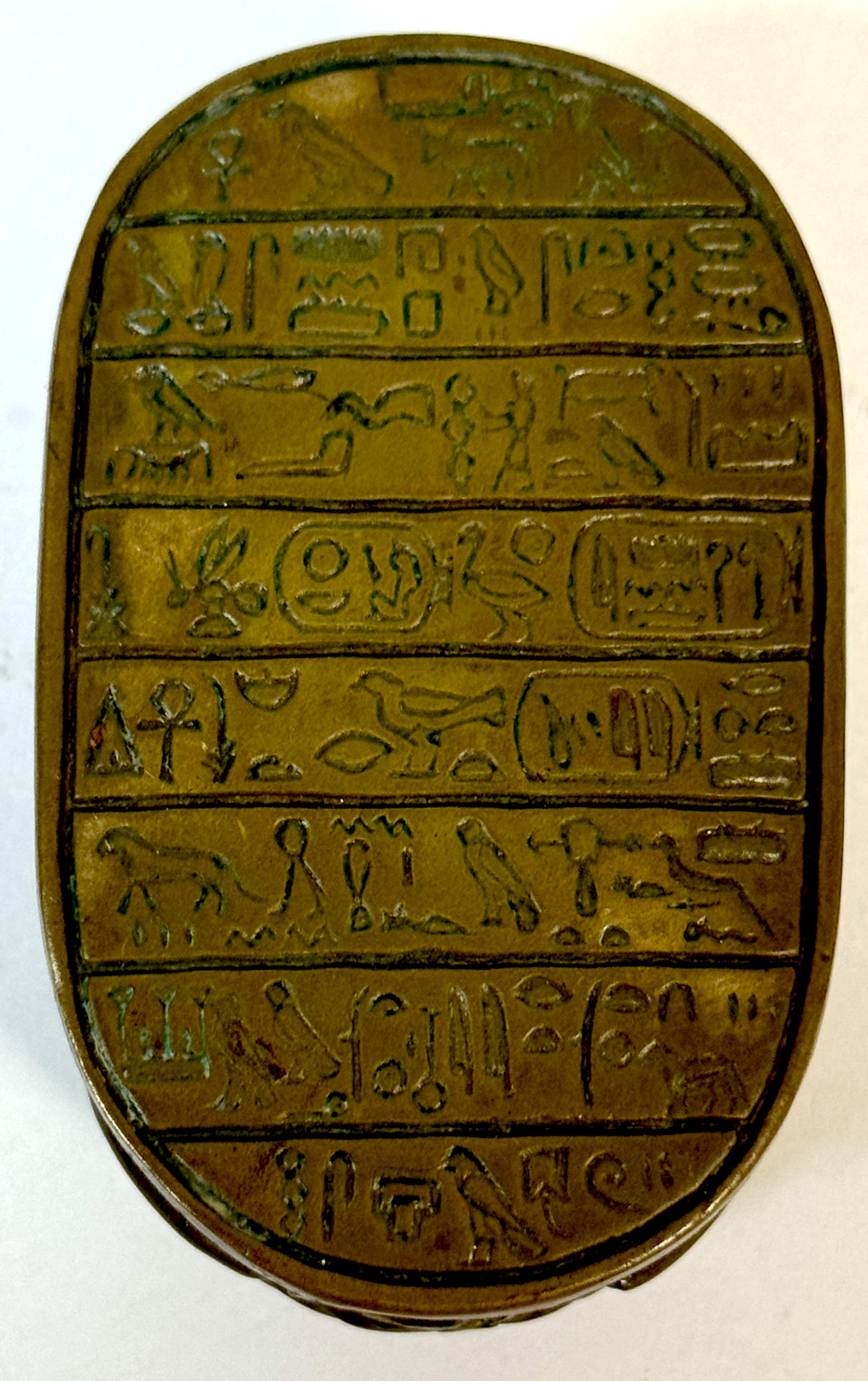 Egyptian Revival Bronze Scarab Paperweight with Hieroglyphic Inscription For Sale 2